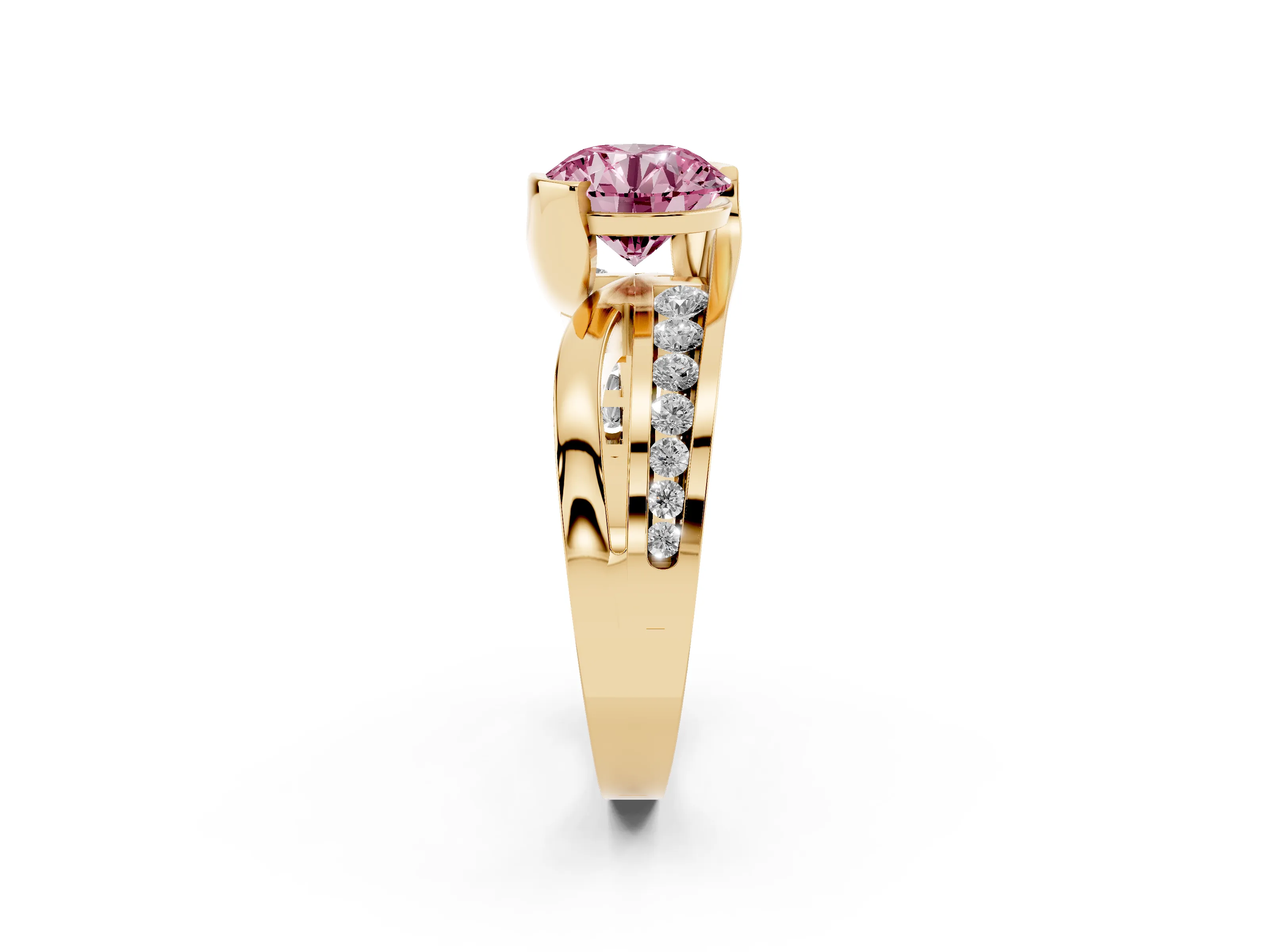 Fancy Pink Round Cut Diamond Solitaire Ring Set in Yellow gold with Channel Set Split Shank and Tension Prongs