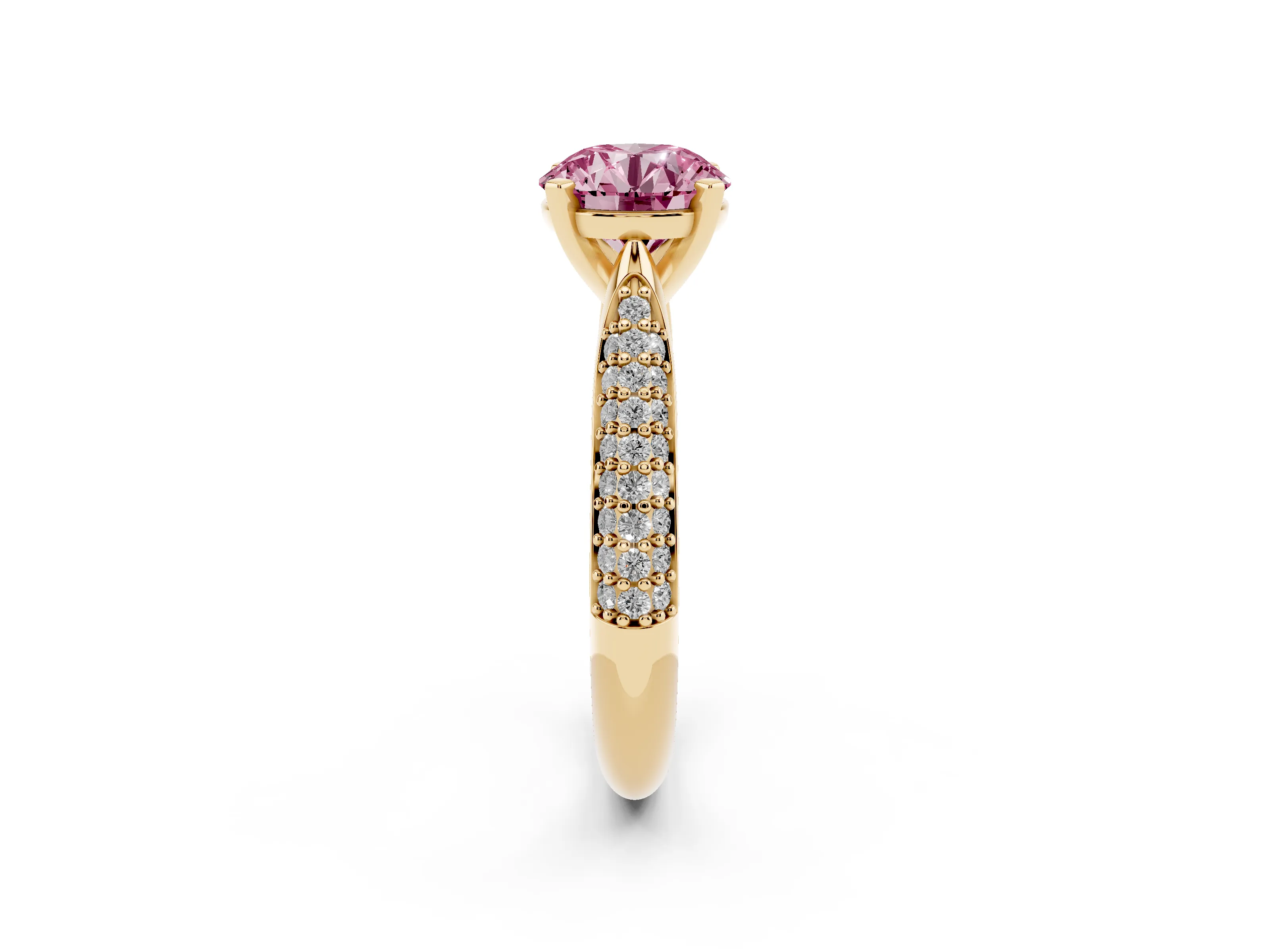 Fancy Pink Round Cut Diamond Solitaire Engagement Ring Set in Yellow gold with Multi-Row Round Pavé Band and Prong Setting