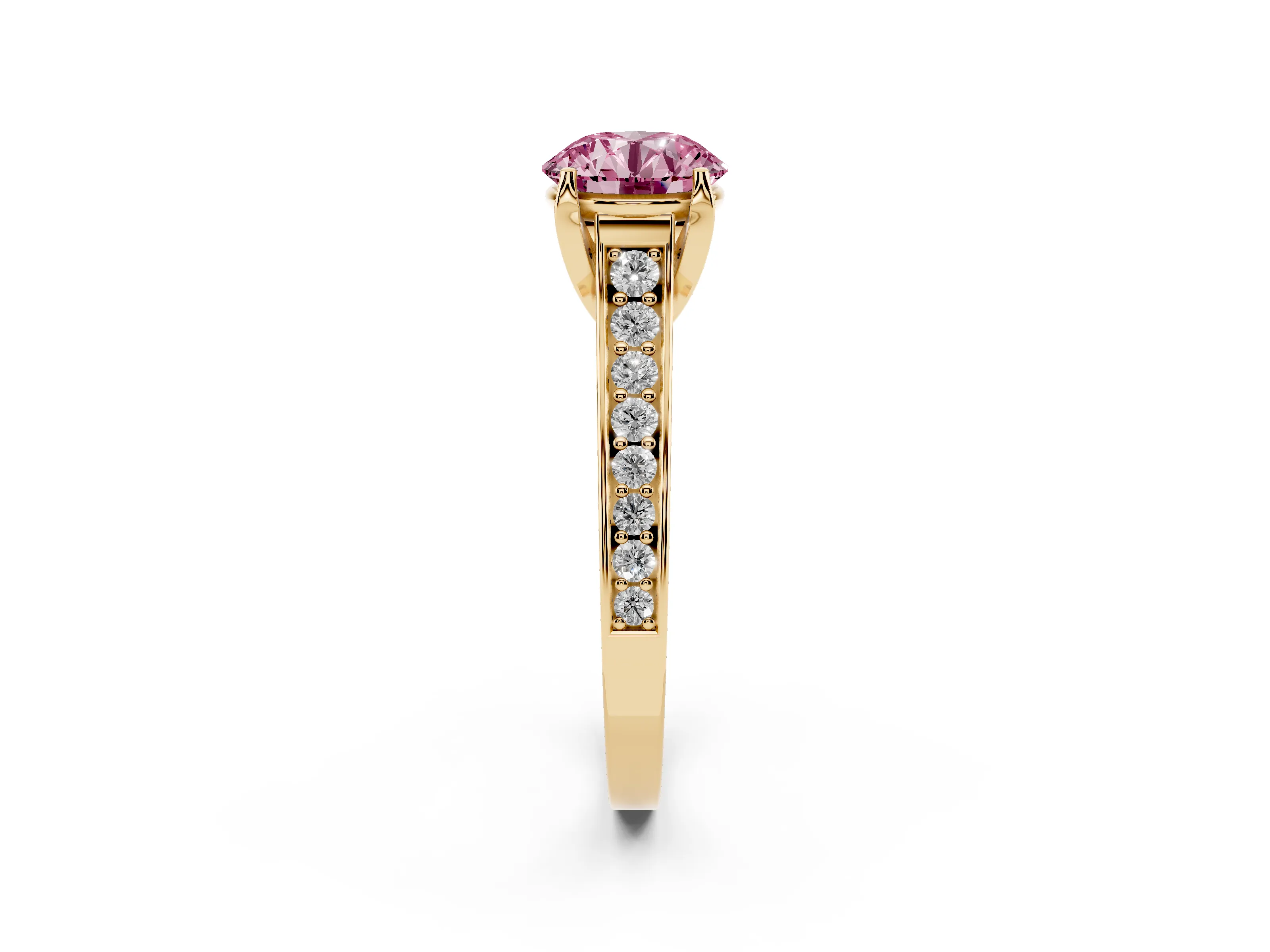 Fancy Pink Round Cut Diamond Solitaire Pavé Engagement Ring Set in Yellow gold with Prong Setting