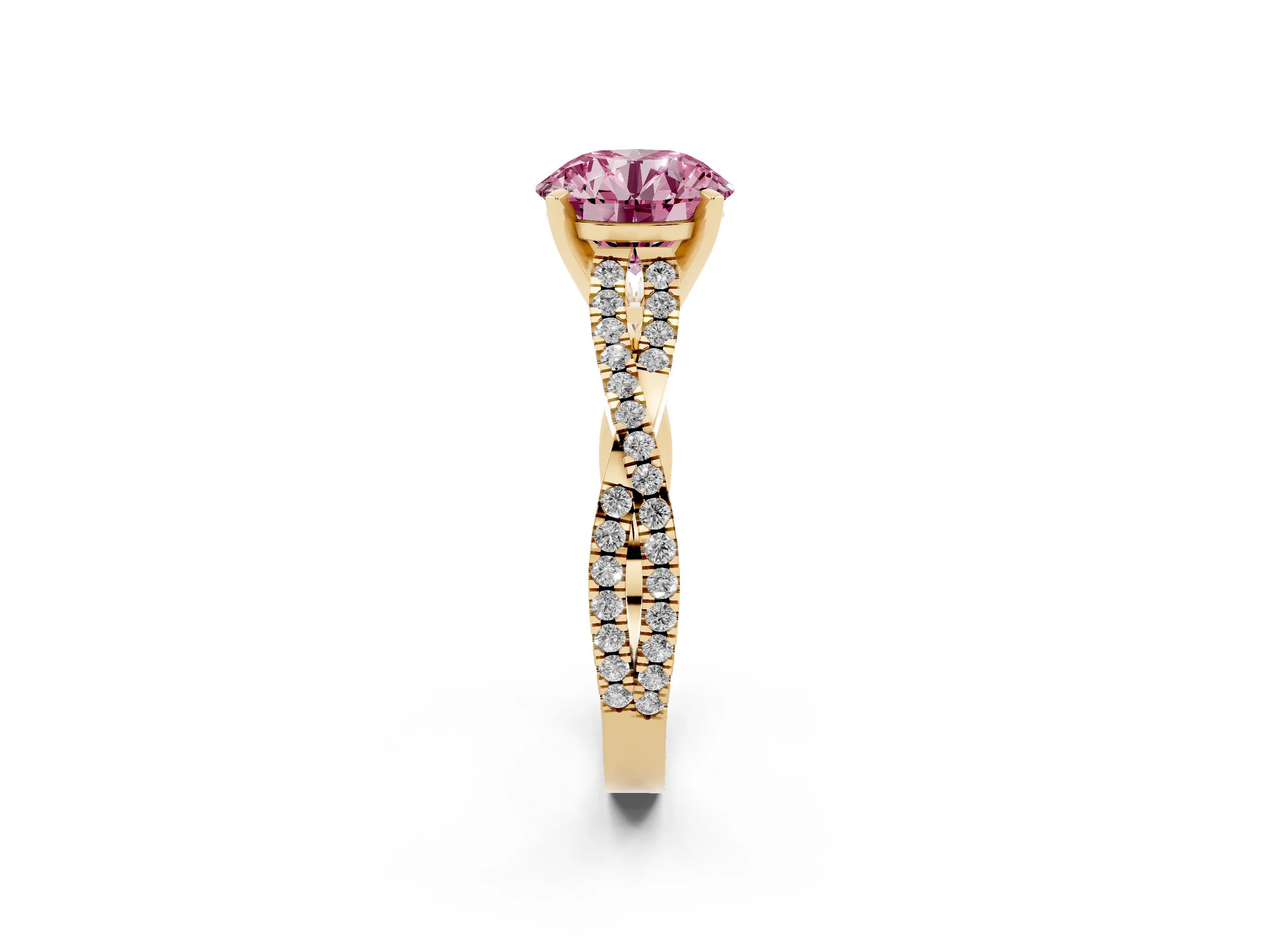 Fancy Pink Round Cut Diamond Solitaire Engagement Ring Set in Yellow gold with Twisted Pavé Band and Prong Setting