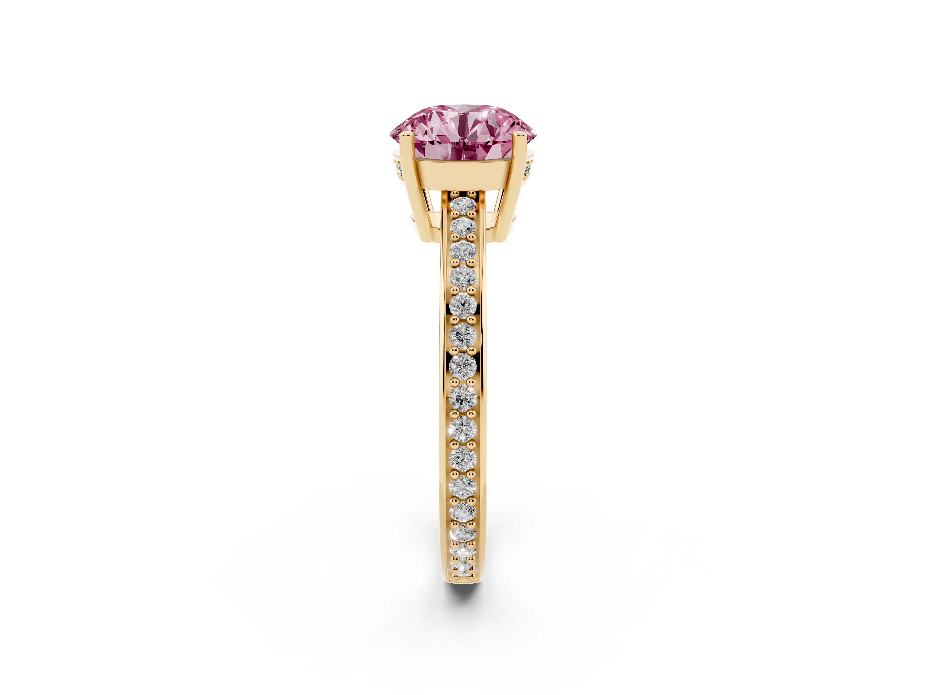 Fancy Pink Round Cut Diamond Pavé Band Prong Set Solitaire Ring Set in Yellow gold