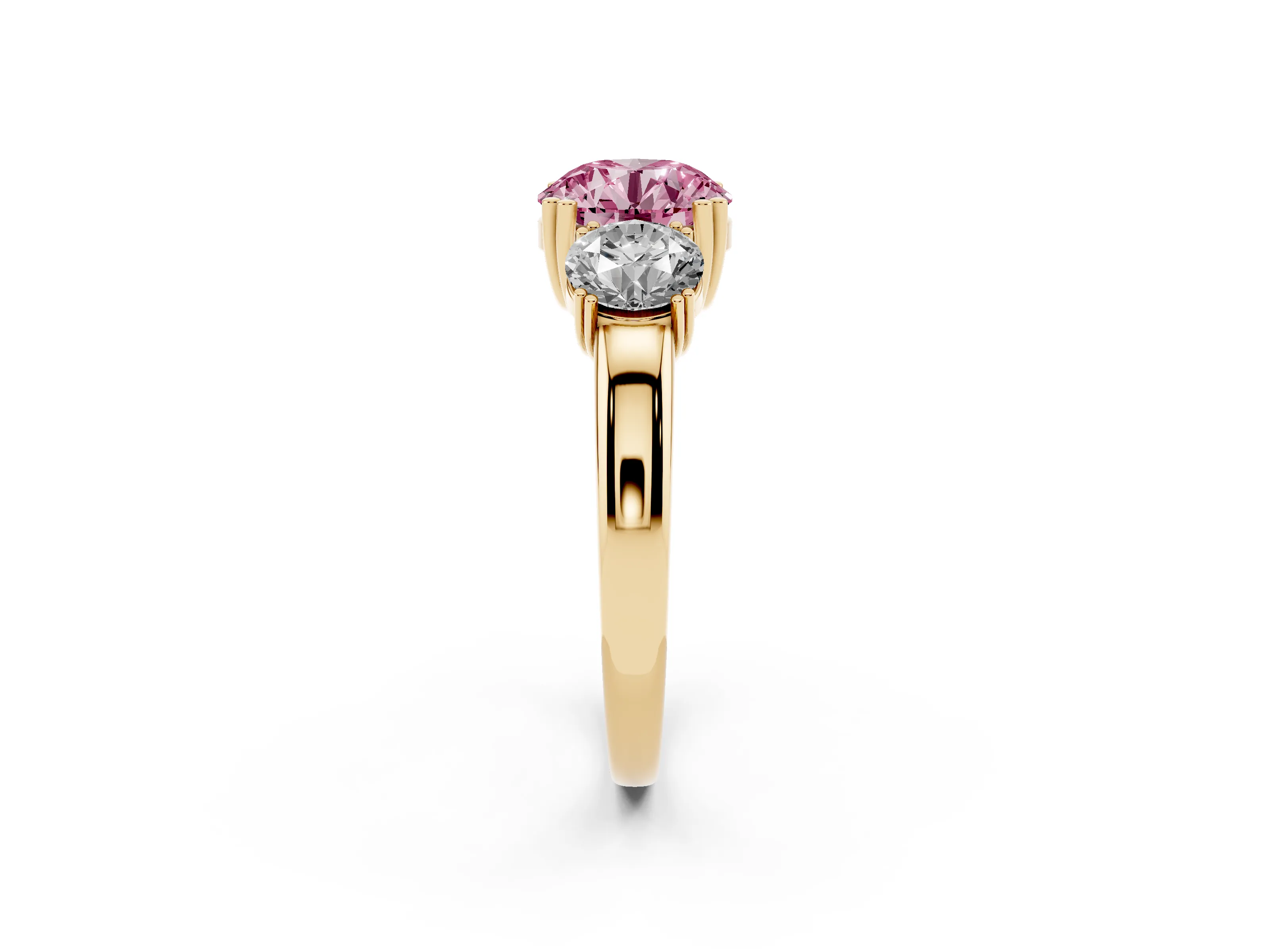 Fancy Pink Round Cut Diamond Three-Stone Ring Set in Yellow gold with Polished Channel-Set Band
