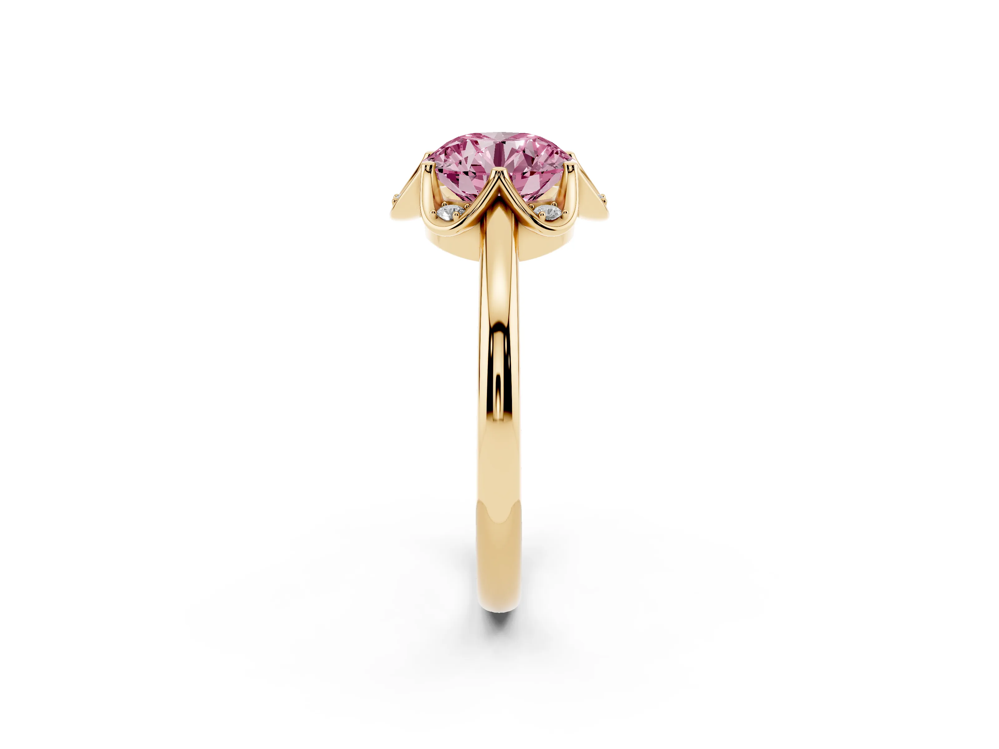 Fancy Pink Round Cut Diamond Round Cluster Halo Ring Set in Yellow gold with Solitaire Band and Prong Setting