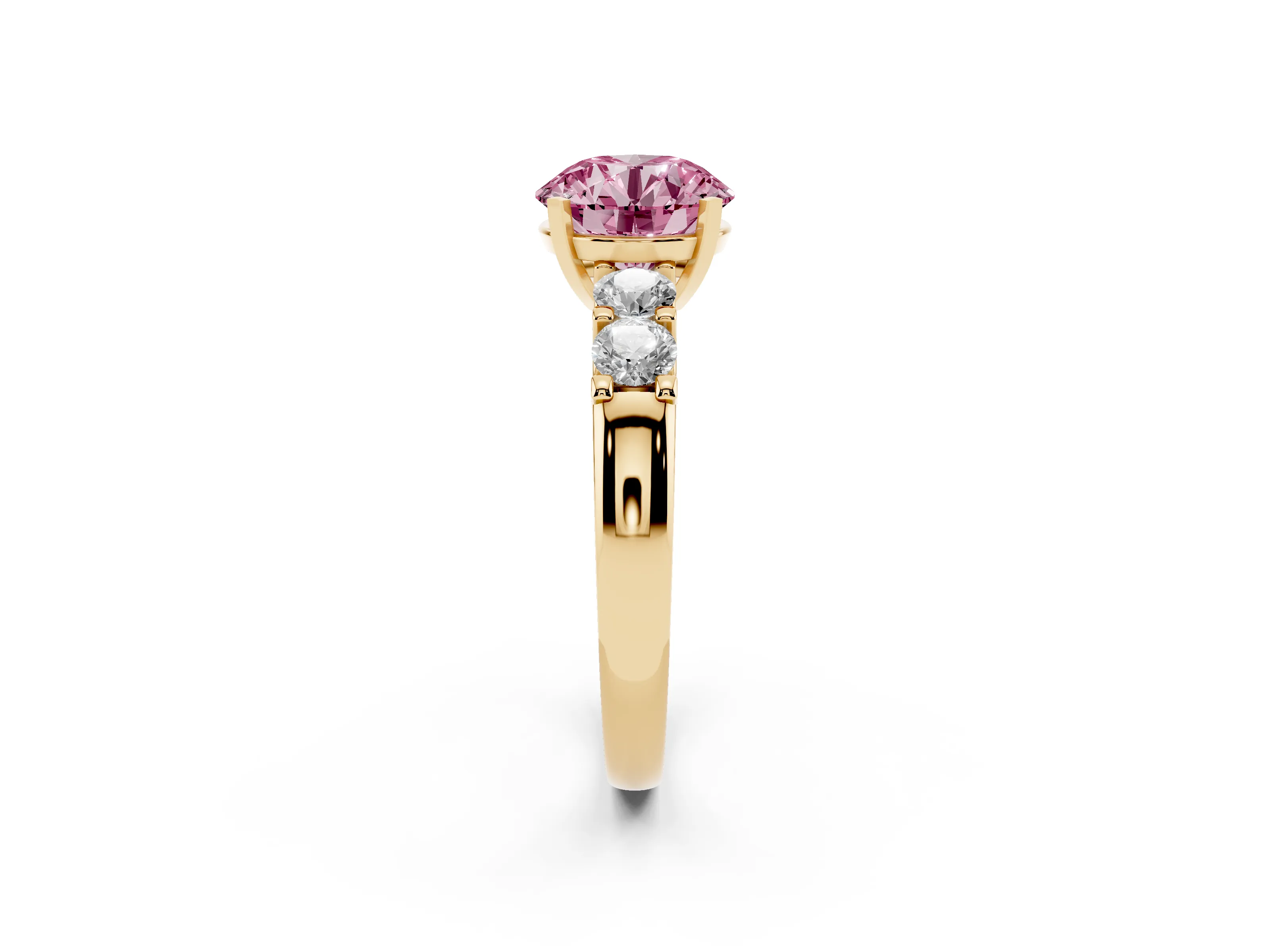 Fancy Pink Round Cut Diamond Five-Stone Prong Set Engagement Ring Set in Yellow gold with Channel Band