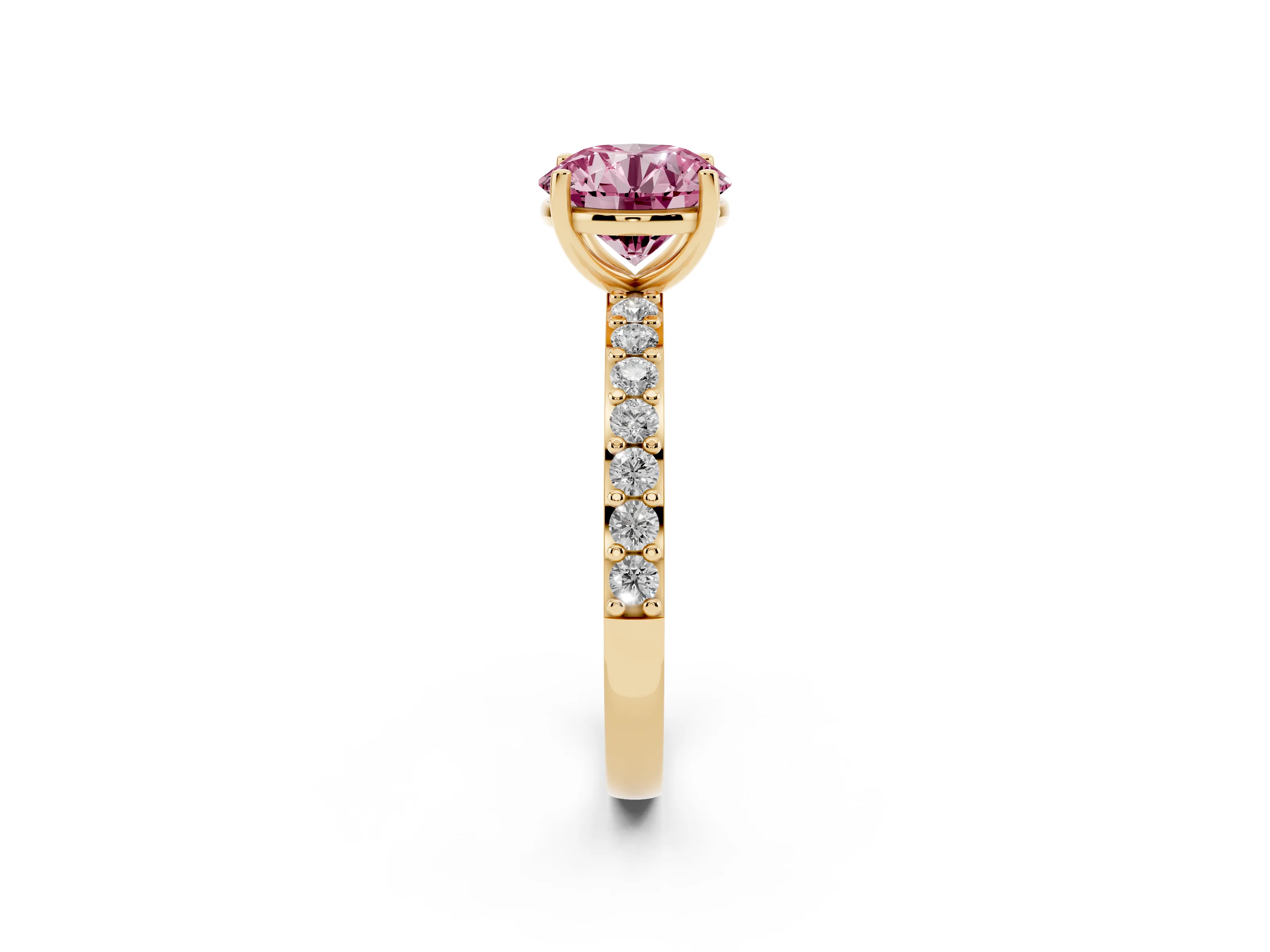 Fancy Pink Round Cut Diamond Solitaire Set in Yellow gold with Round Pavé Band and Prong Setting
