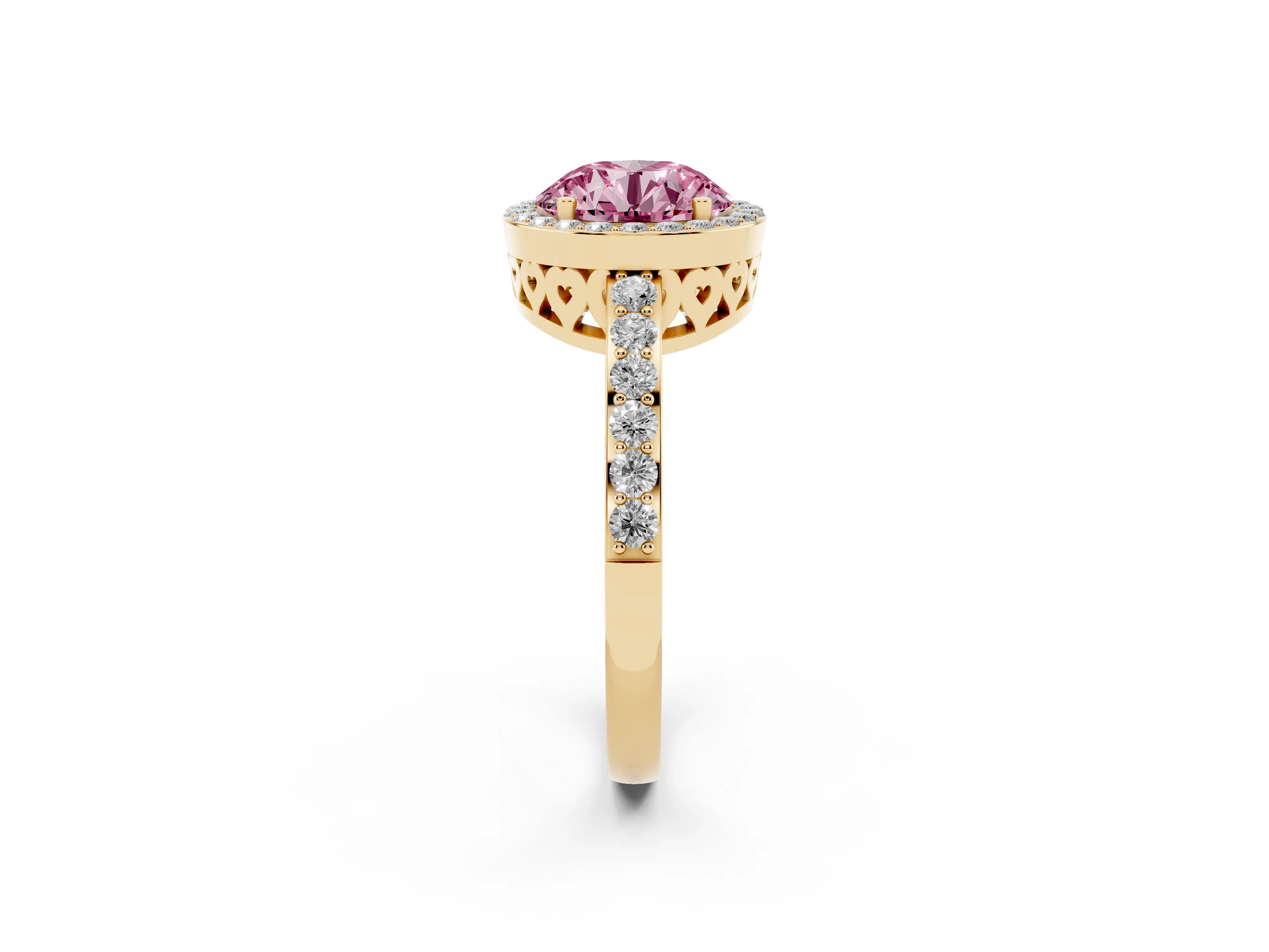 Fancy Pink Round Cut Diamond Halo Ring Set in Yellow gold with Pavé-Setting Band and Open Prong Center