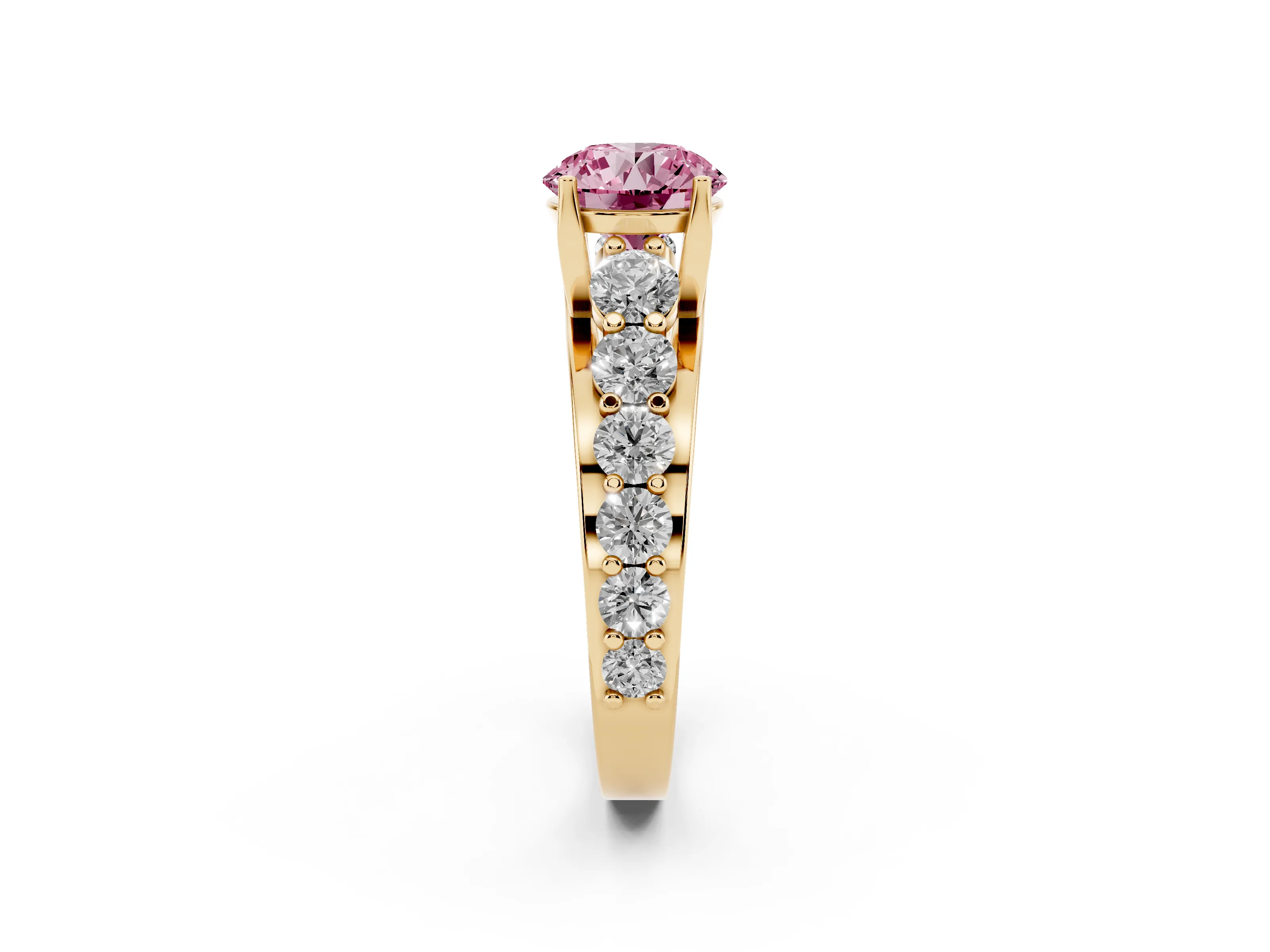 Fancy Pink Round Cut Diamond Pavé Engagement Ring Set in Yellow gold with Prong Setting