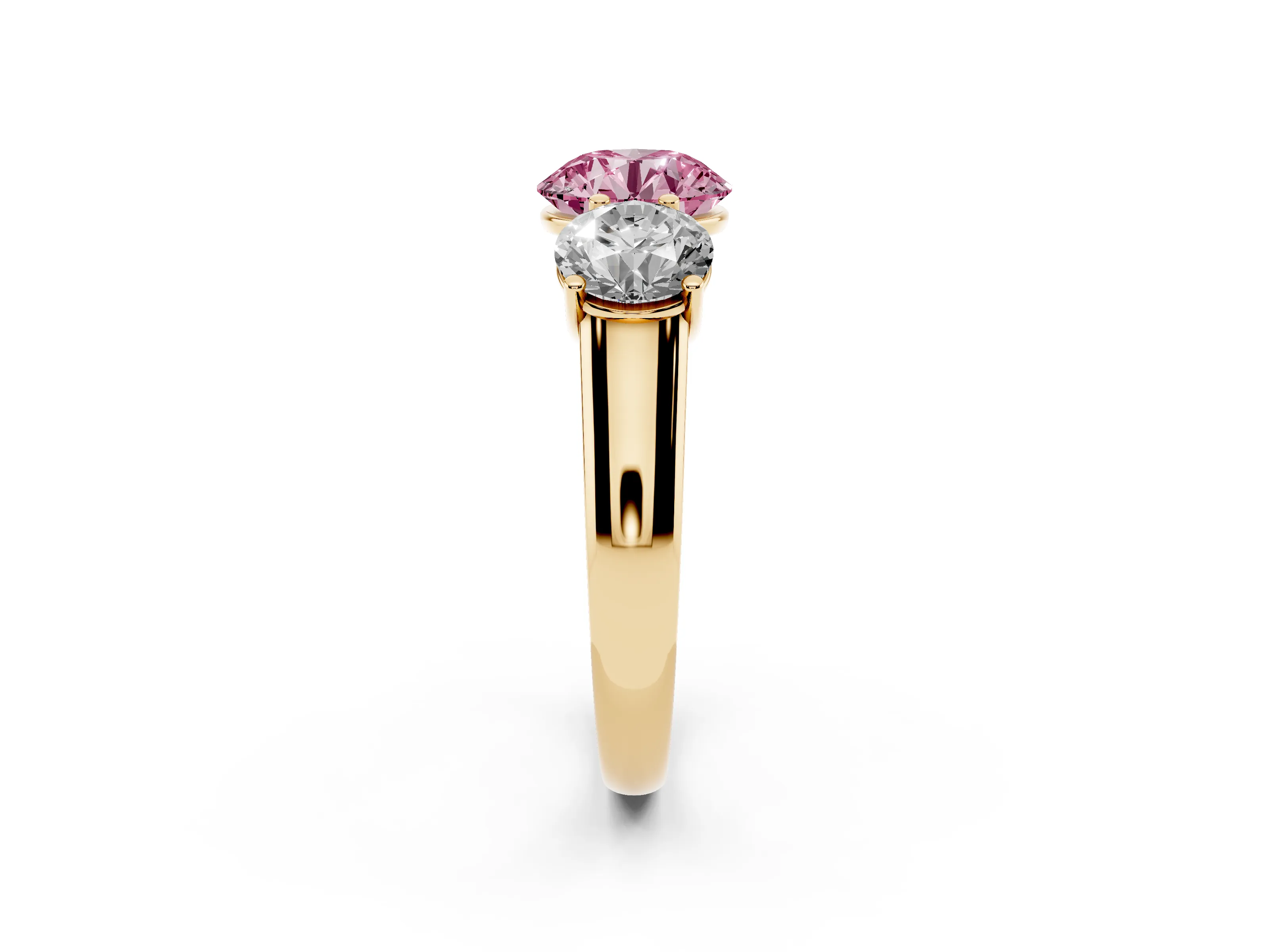 Fancy Pink Round Cut Diamond Three-Stone Ring Set in Yellow gold with Plain Polished Band