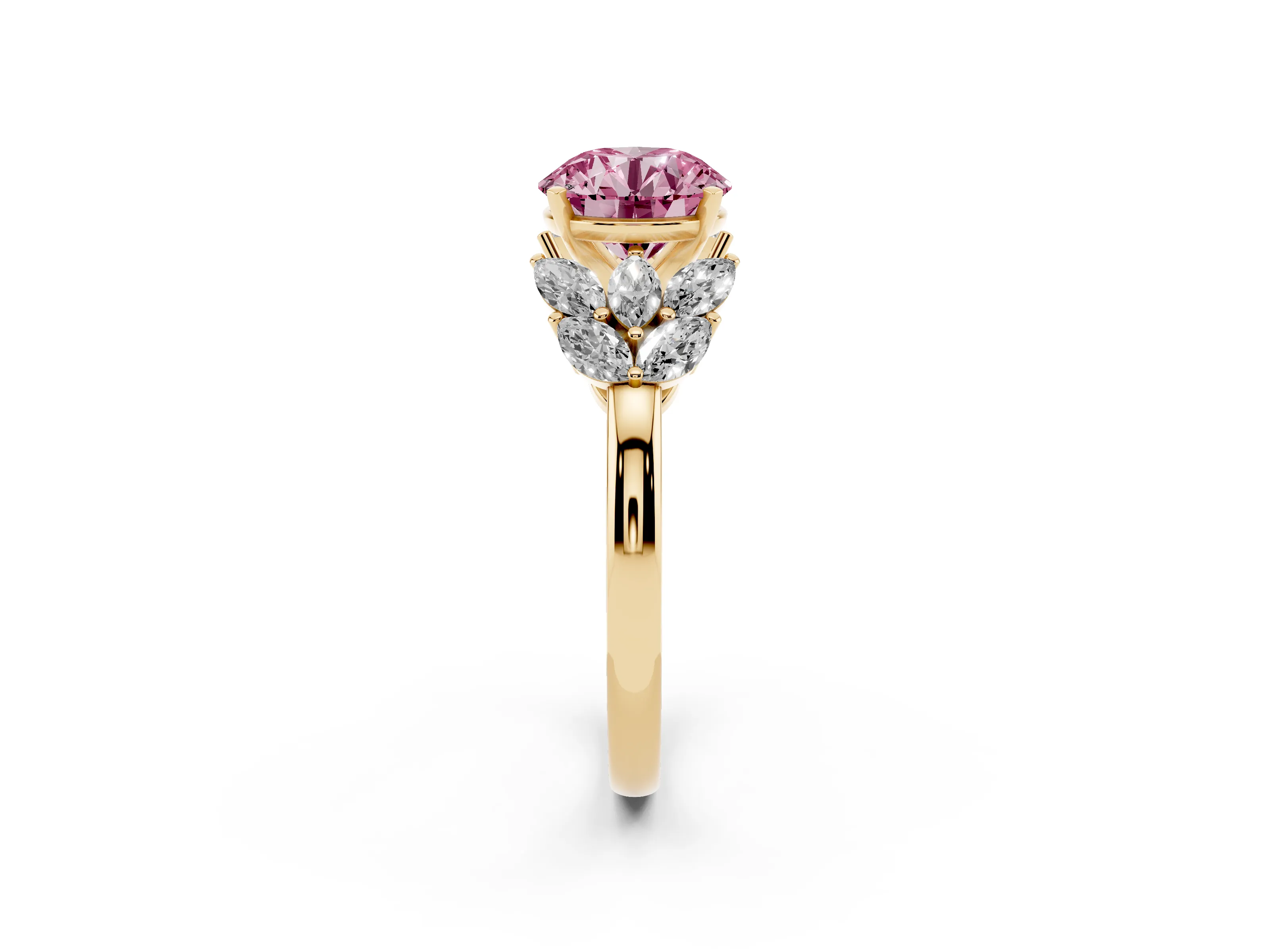 Fancy Pink Round Cut Diamond Cluster Leaf Design Ring Set in Yellow gold with Prong Setting