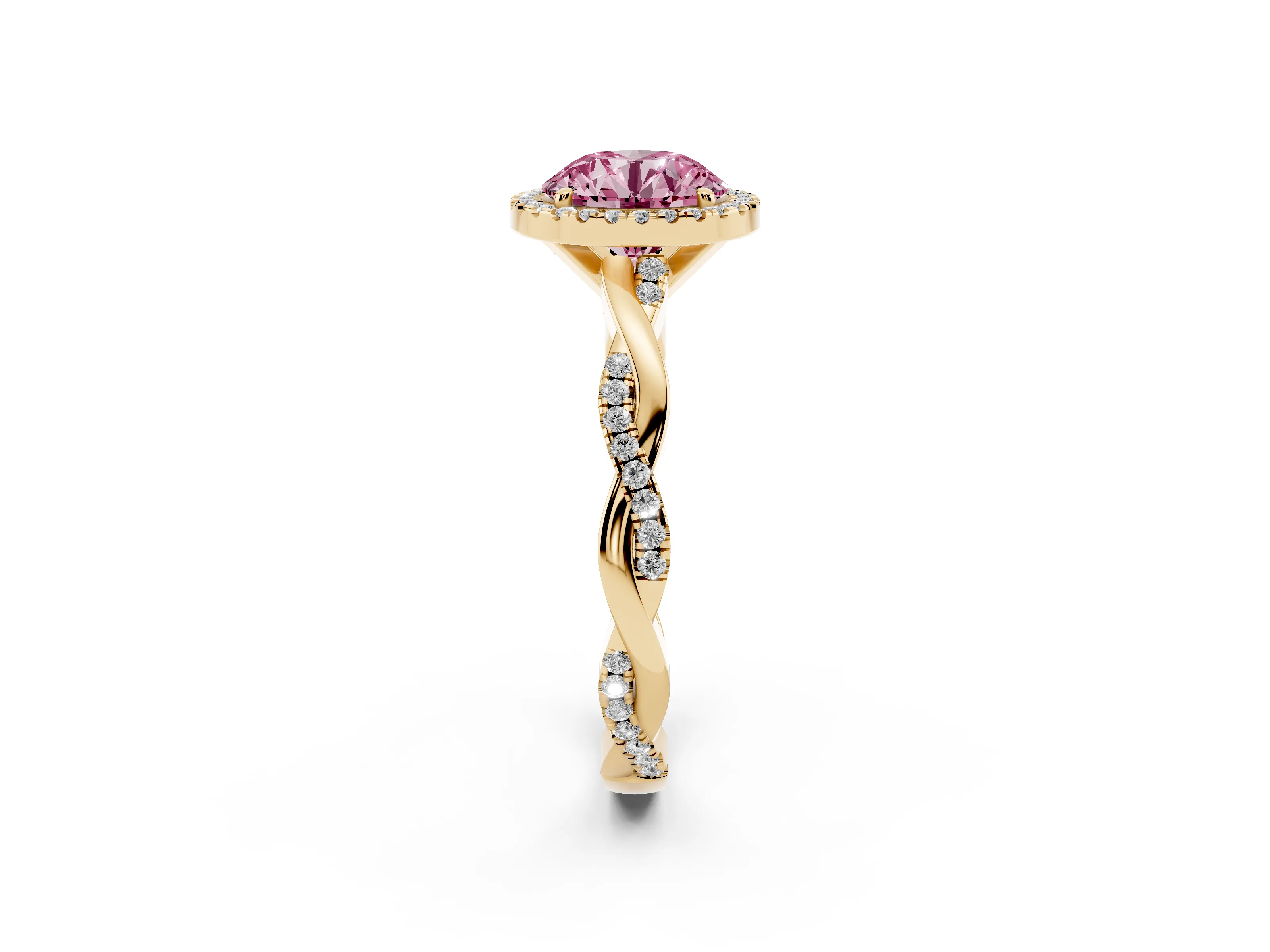 Fancy Pink Round Cut Diamond Halo Twisted Band Ring Set in Yellow gold with Prong Setting
