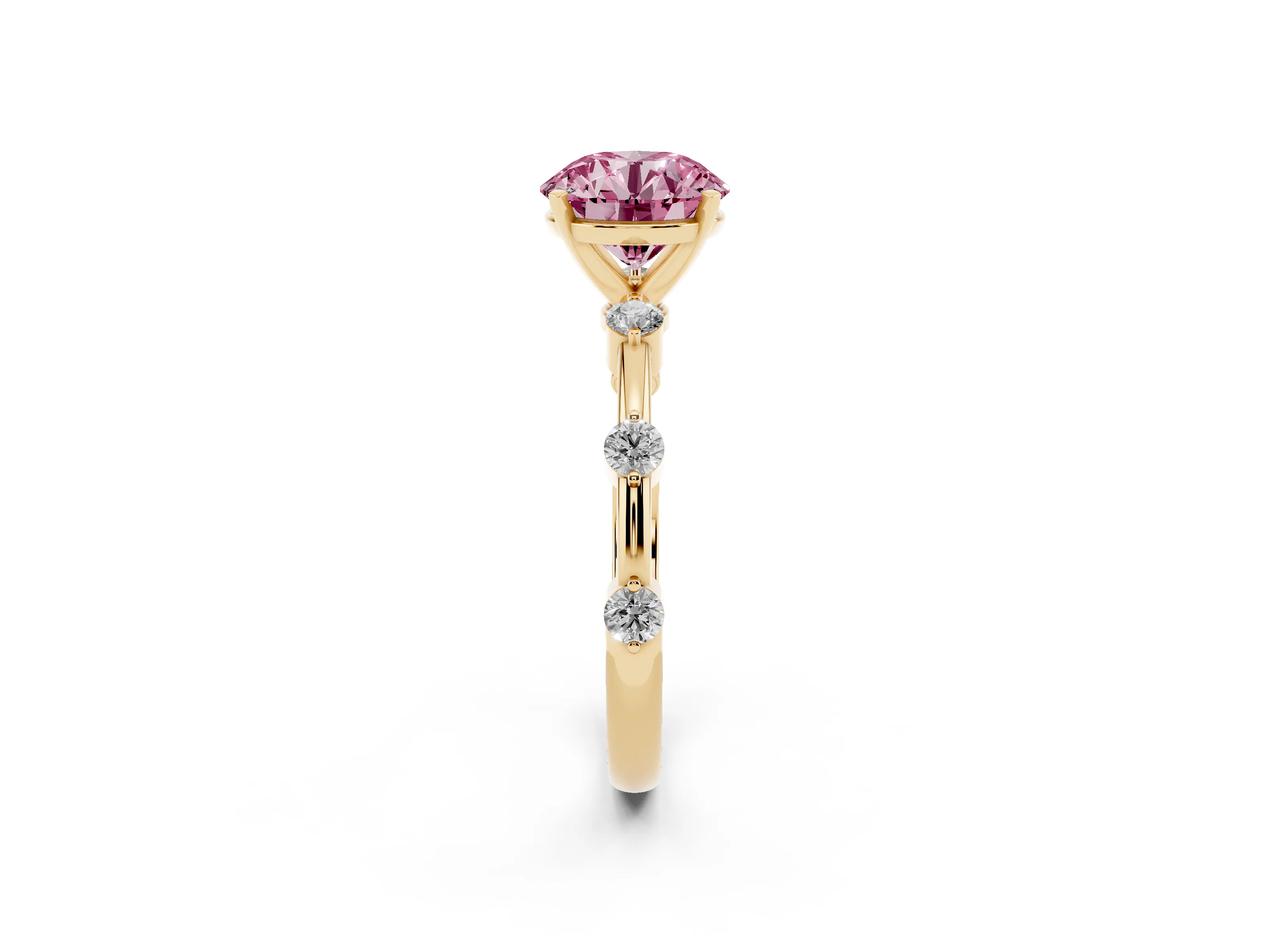Fancy Pink Round Cut Diamond Solitaire Ring Set in Yellow gold with Bezel Set Side Stones and Prong Setting