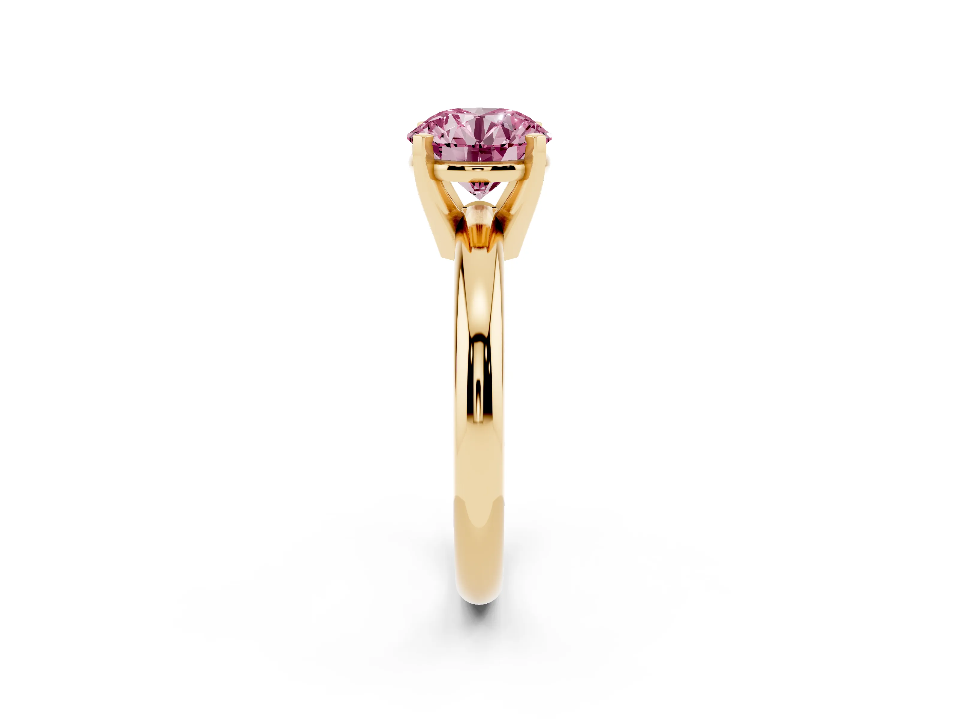 Fancy Pink Round Cut Diamond Solitaire Engagement Ring Set in Yellow gold with Round Band and Prong Setting