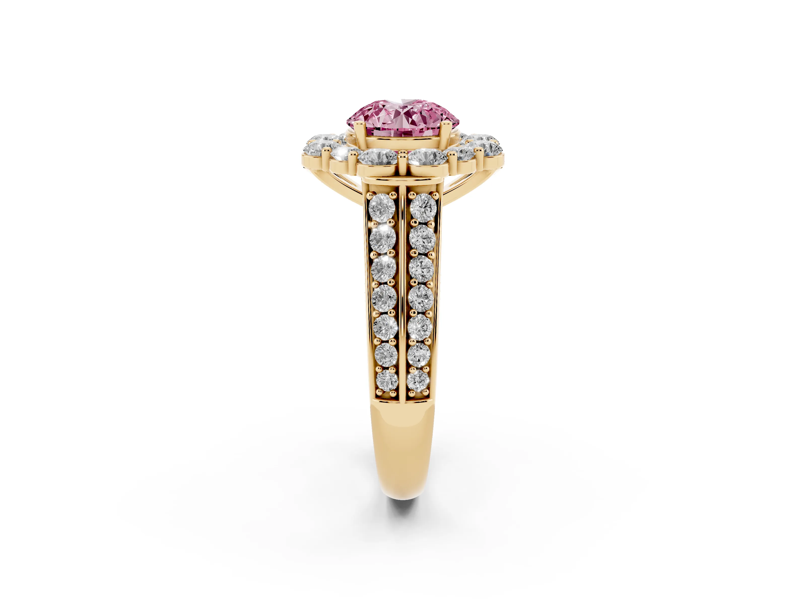Fancy Pink Round Cut Diamond Halo Engagement Ring Set in Yellow gold with Split Shank and Prong Setting