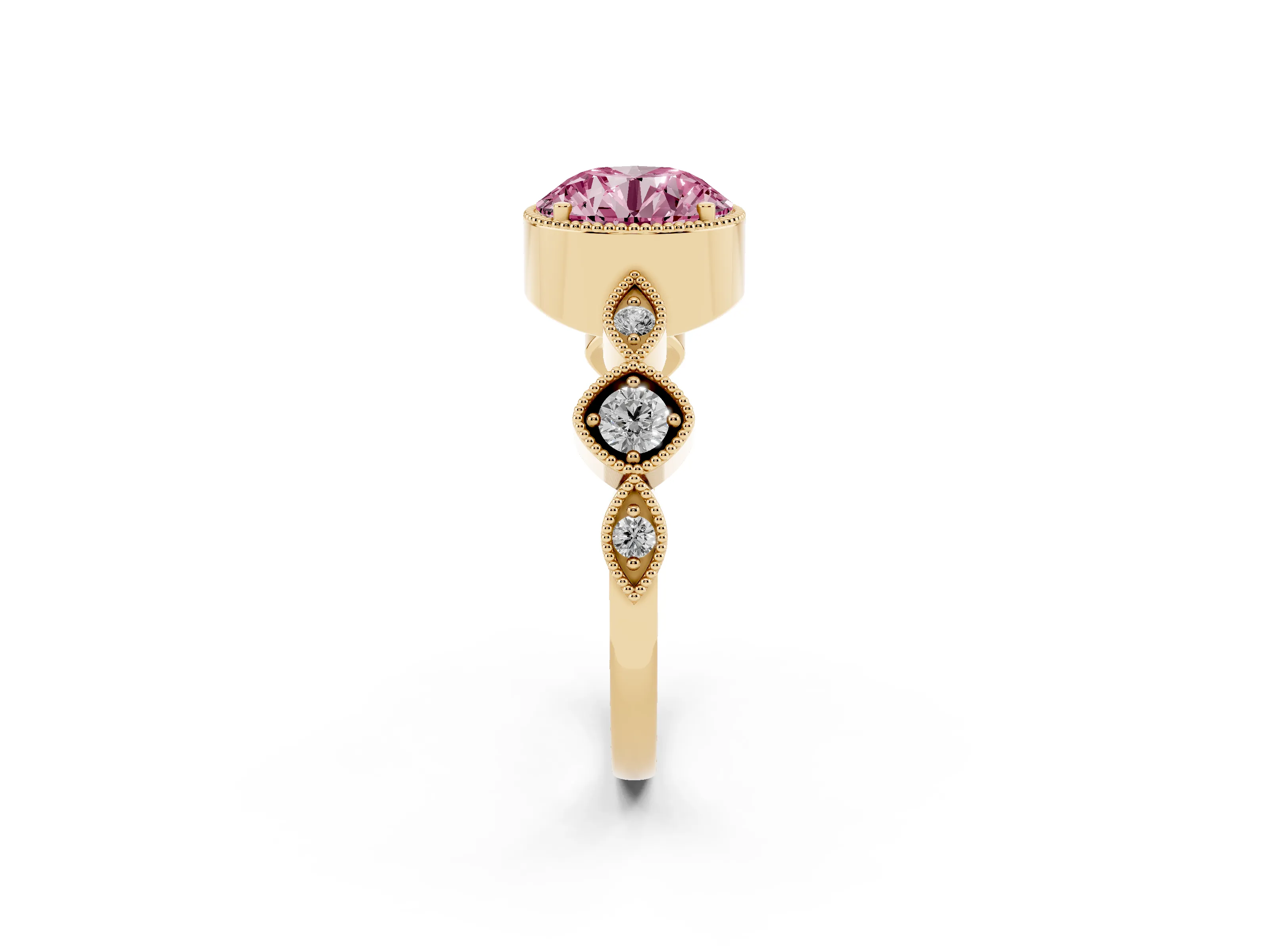 Fancy Pink Round Cut Diamond Vintage-Inspired Milgrain Ring Set in Yellow gold with Marquise Stations of Round Accents