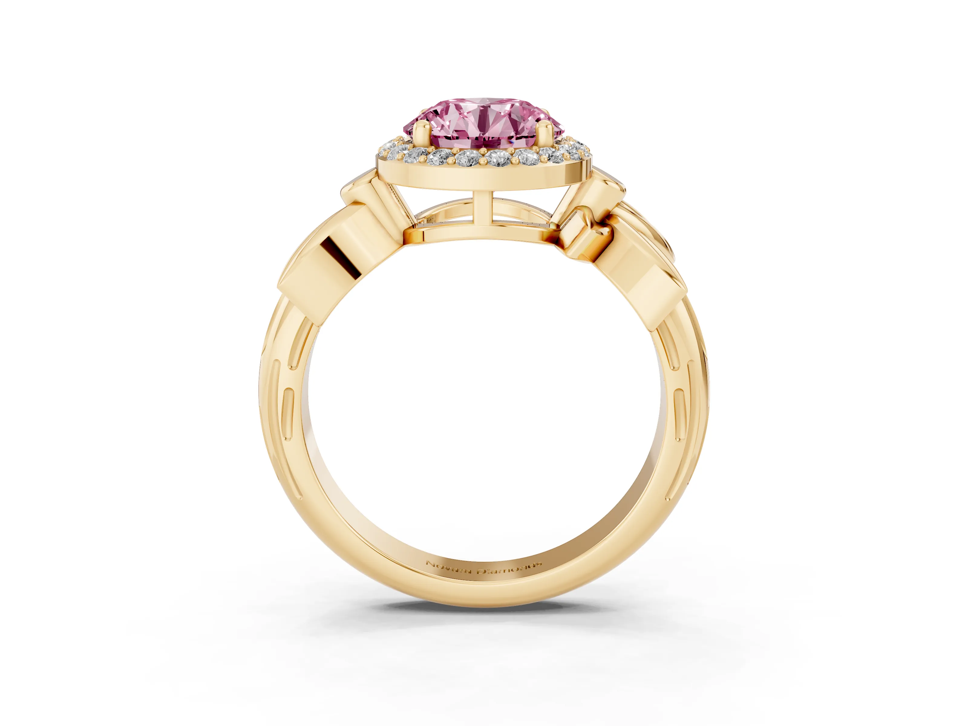 Fancy Pink Round Cut Diamond Halo Floral Band Ring Set in Yellow gold with Prong Setting