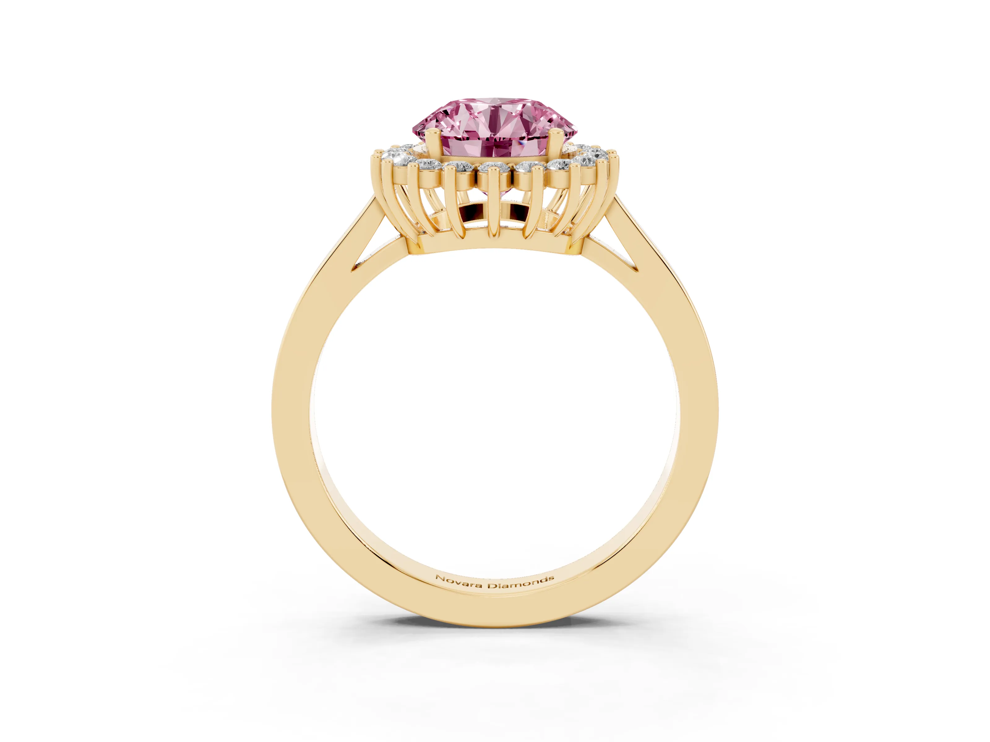 Fancy Pink Round Cut Diamond Halo Ring Set in Yellow gold with Round Halo and Smooth Solitaire Band