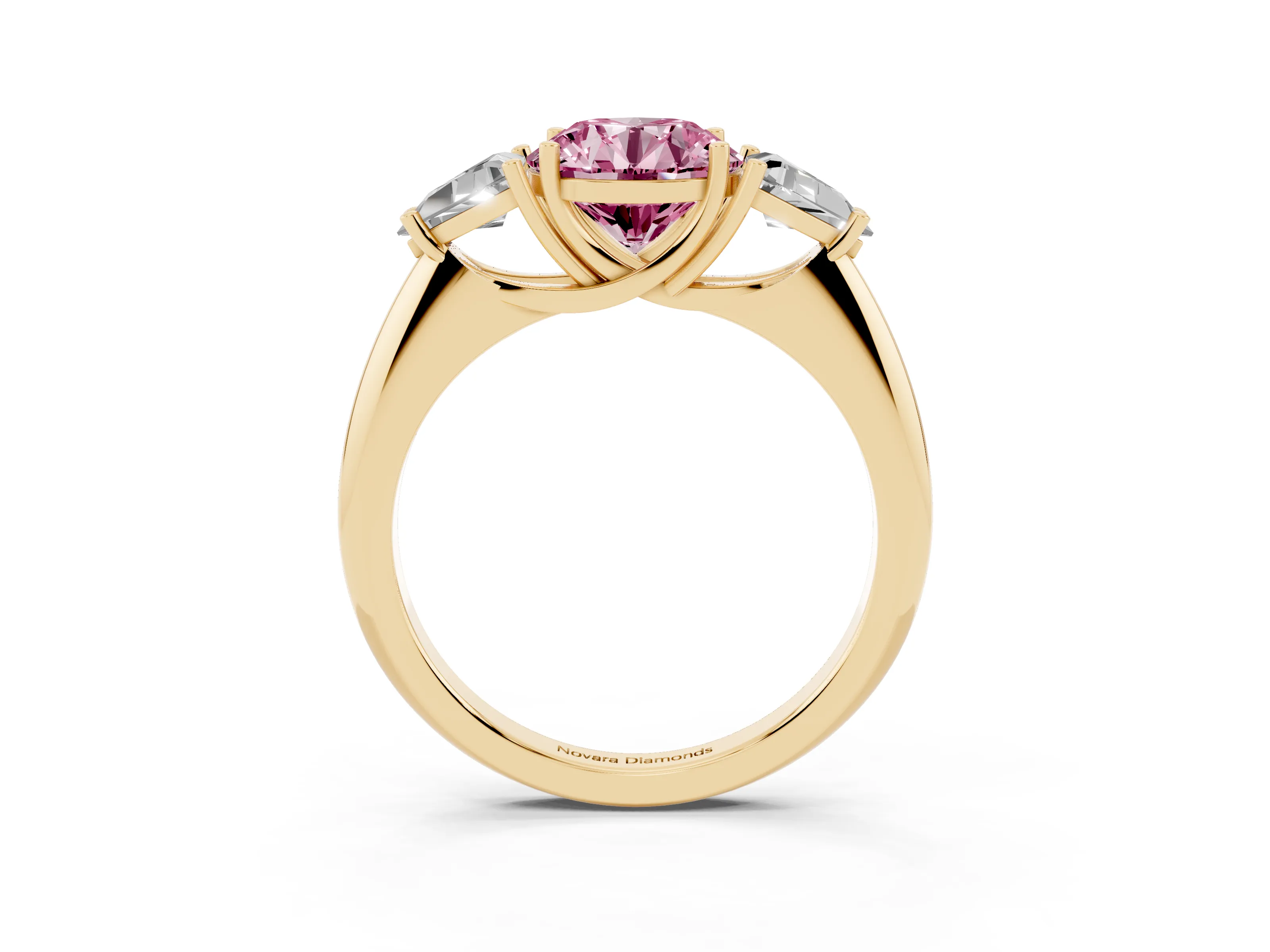 Fancy Pink Round Cut Diamond Three-Stone Engagement Ring Set in Yellow gold with Trillion Side Stones