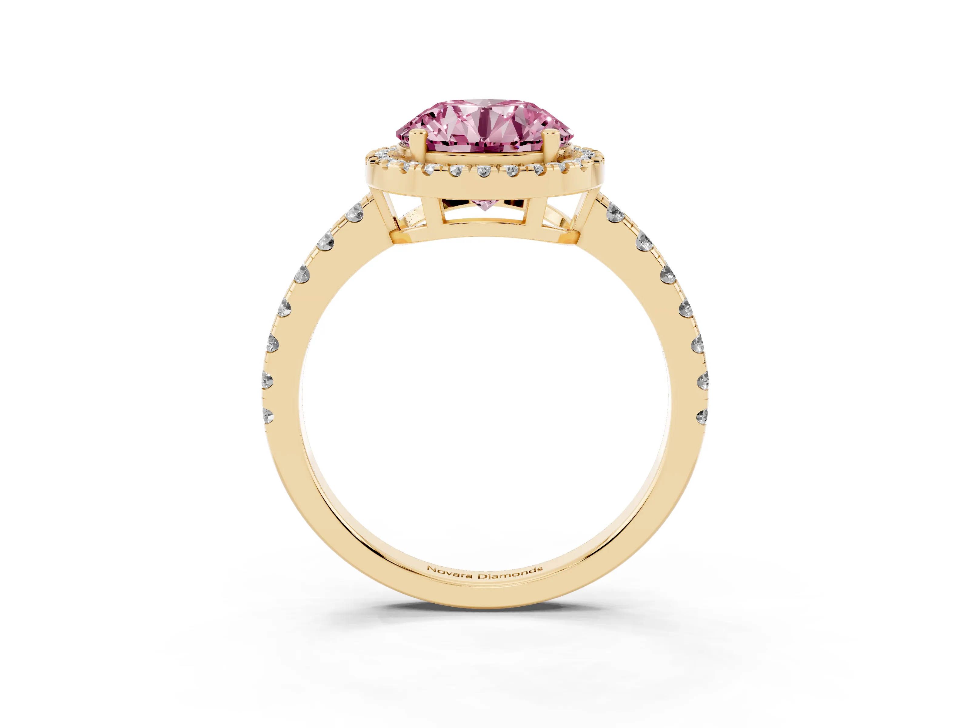 Fancy Pink Round Cut Diamond Halo Ring Set in Yellow gold with Delicate Pavé Band and Prong Setting