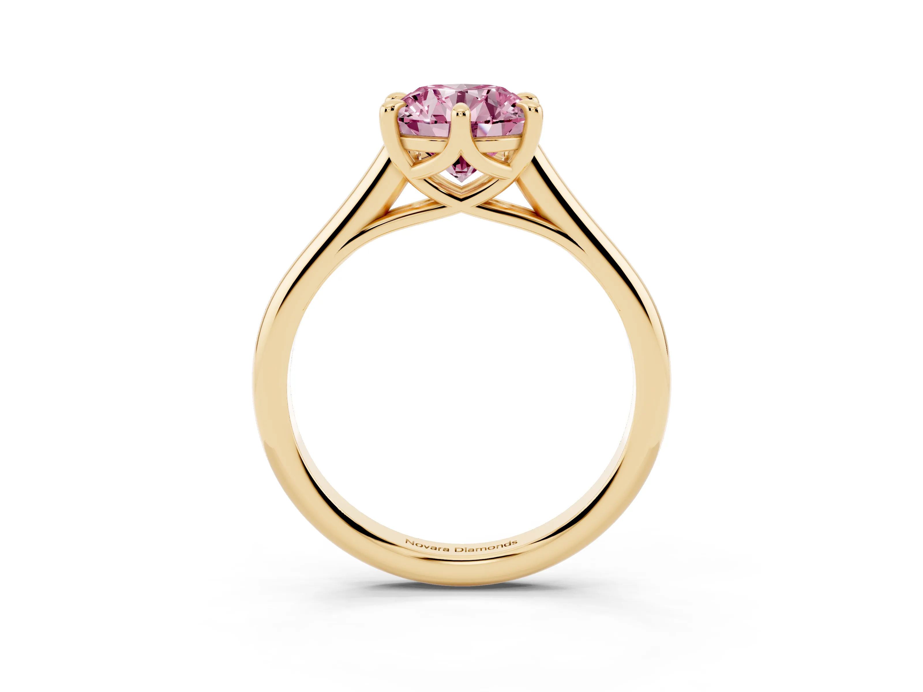Fancy Pink Round Cut Diamond Solitaire Engagement Ring Set in Yellow gold with Prong Setting and Plain Classic Band