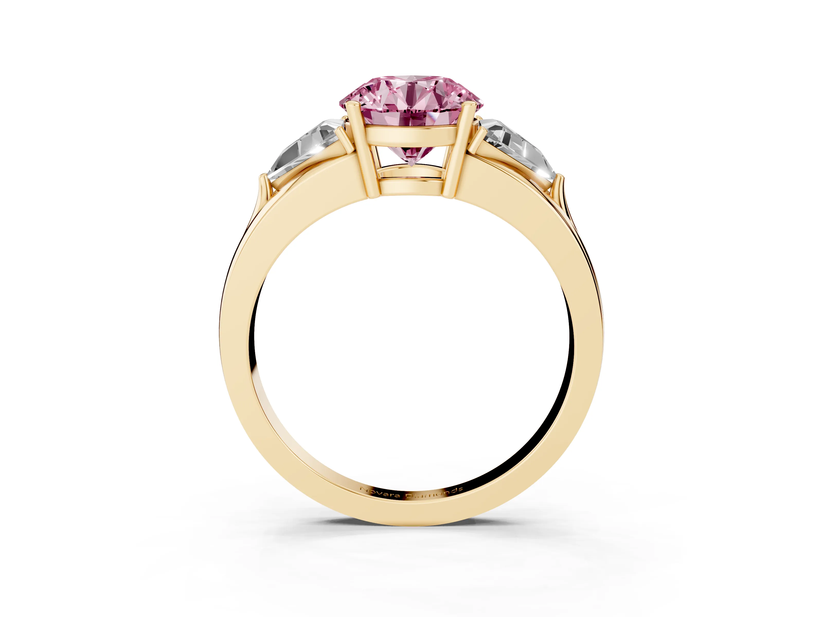 Fancy Pink Round Cut Diamond Three-Stone Ring Set in Yellow gold with Trillion Side Stones and Split Shank