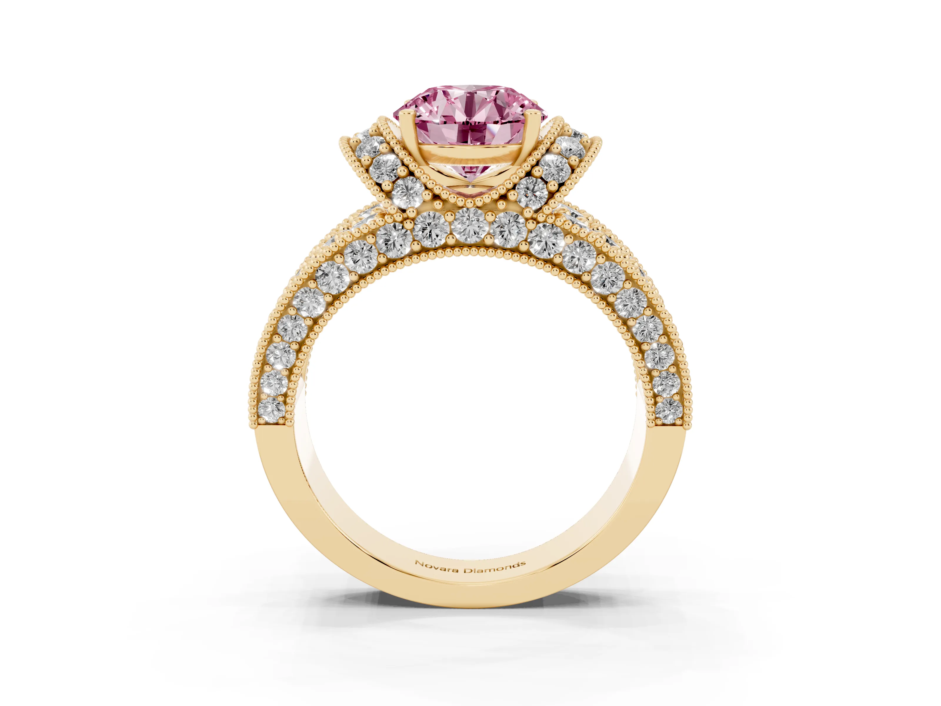 Fancy Pink Round Cut Diamond Milgrain Halo Pavé Engagement Ring Set in Yellow gold with Prong Setting
