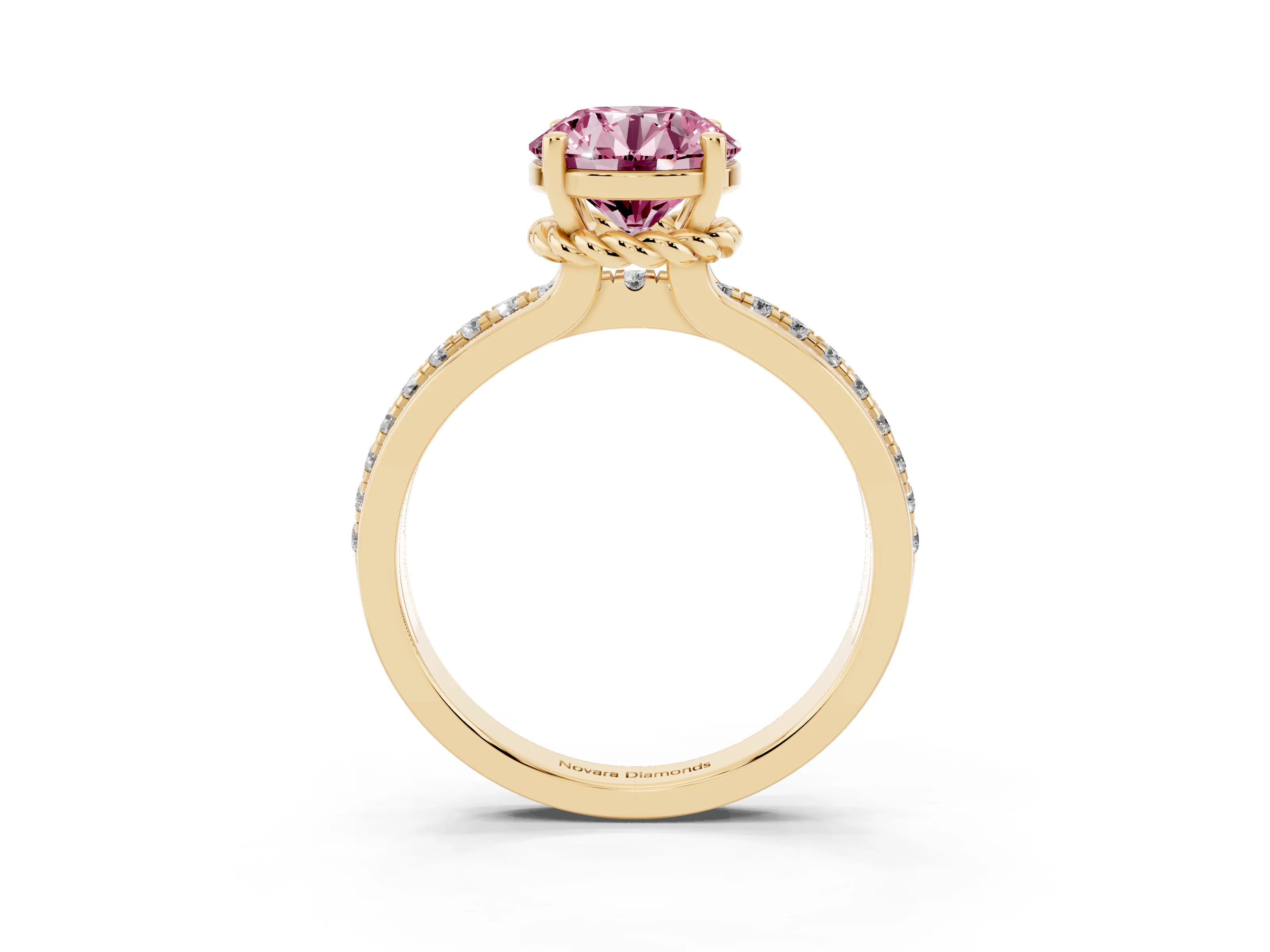 Fancy Pink Round Cut Diamond Solitaire Ring Set in Yellow gold with Channel Set Band and Prong Setting