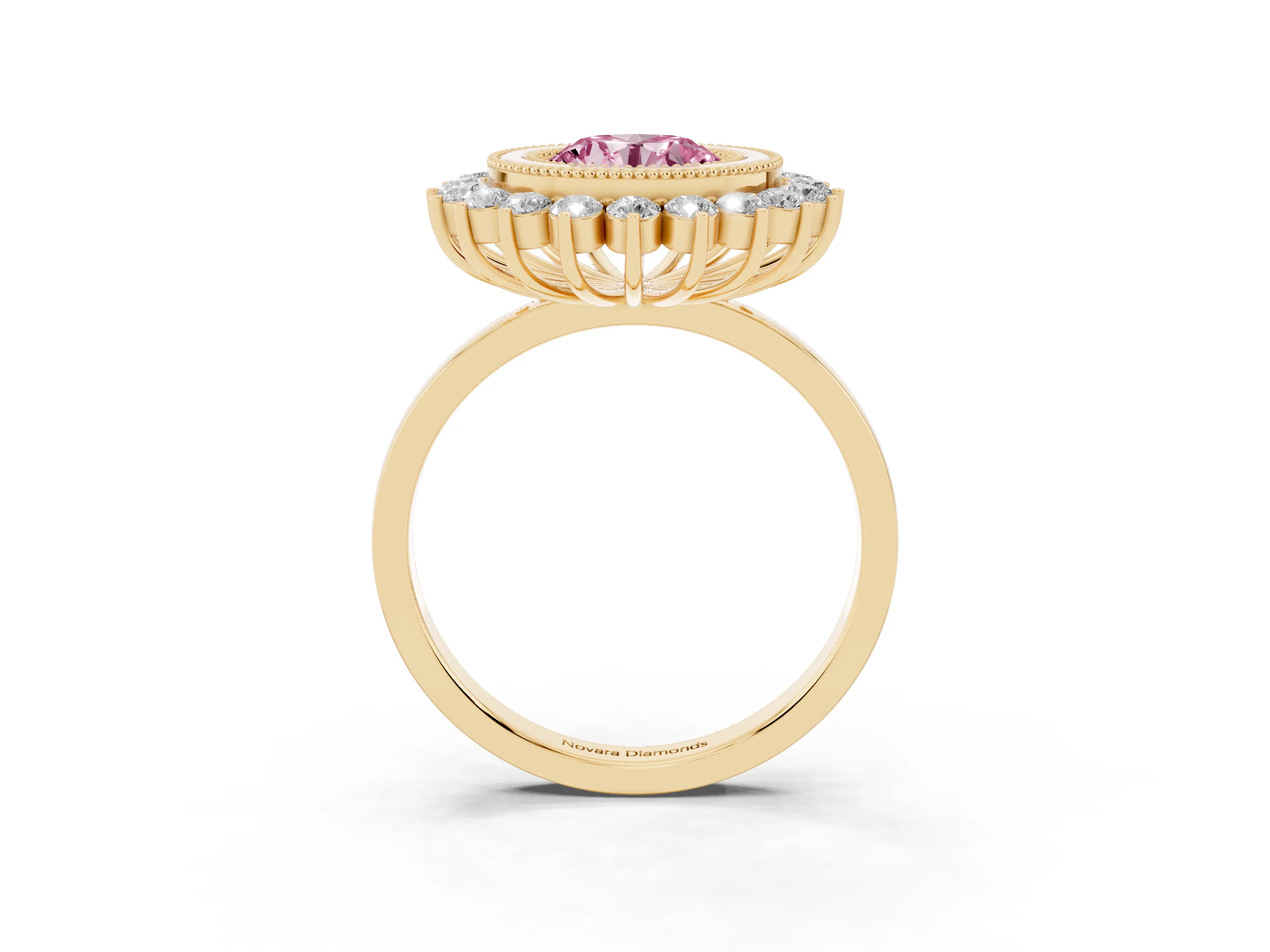 Fancy Pink Round Cut Diamond Halo Ring Set in Yellow gold with Milgrain Edge and Round Prong Setting
