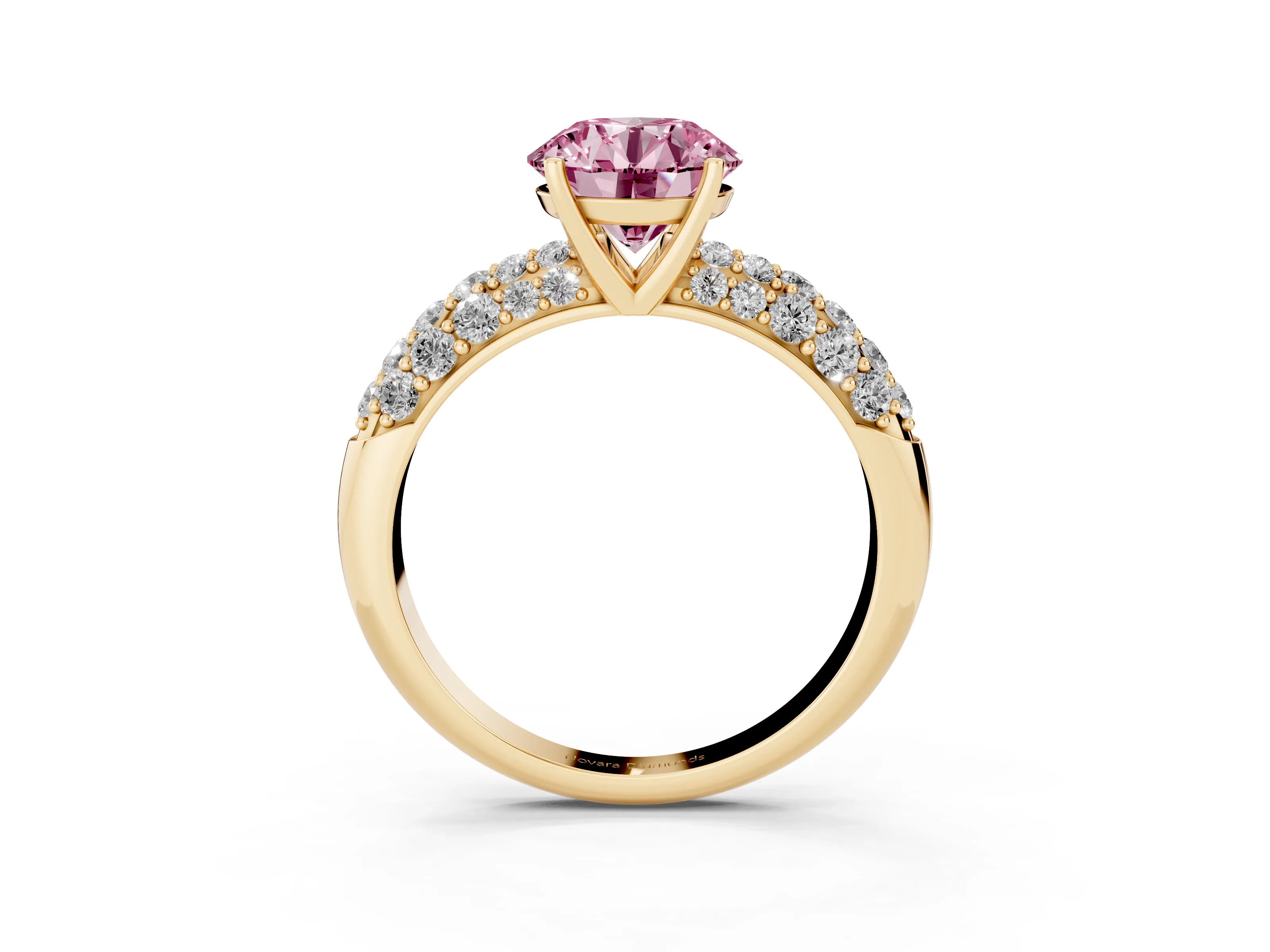 Fancy Pink Round Cut Diamond Pavé Band Solitaire Ring Set in Yellow gold with Close-Set Accent Stones and Prong Setting