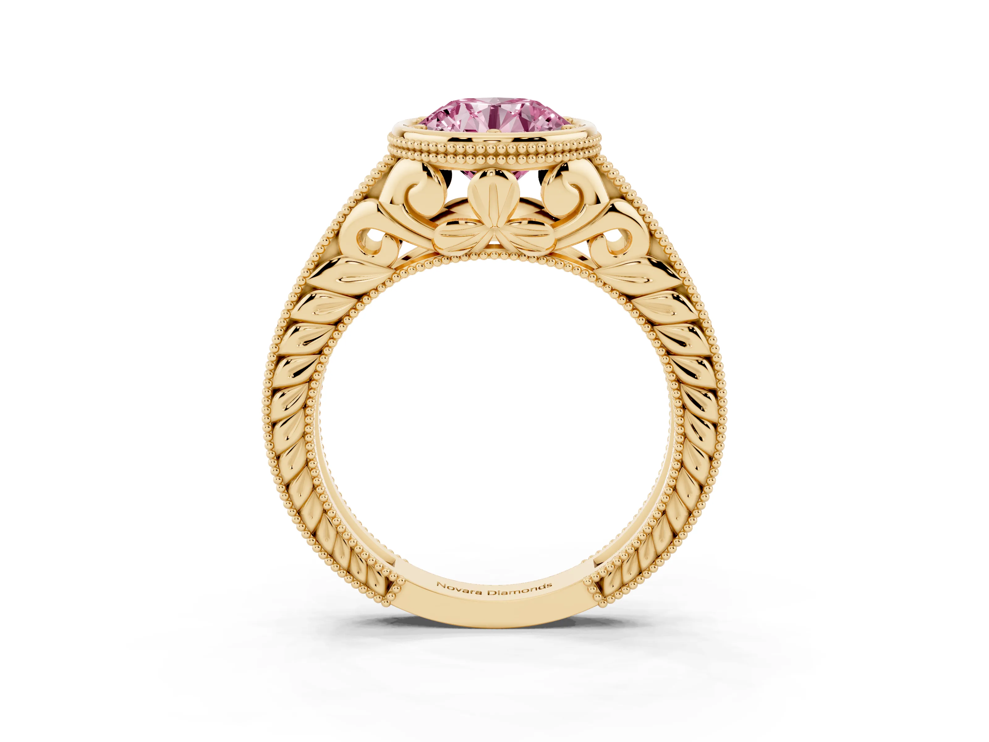 Fancy Pink Bezel Set Round Cut Diamond Milgrain Pavé Engagement Ring Set in Yellow gold