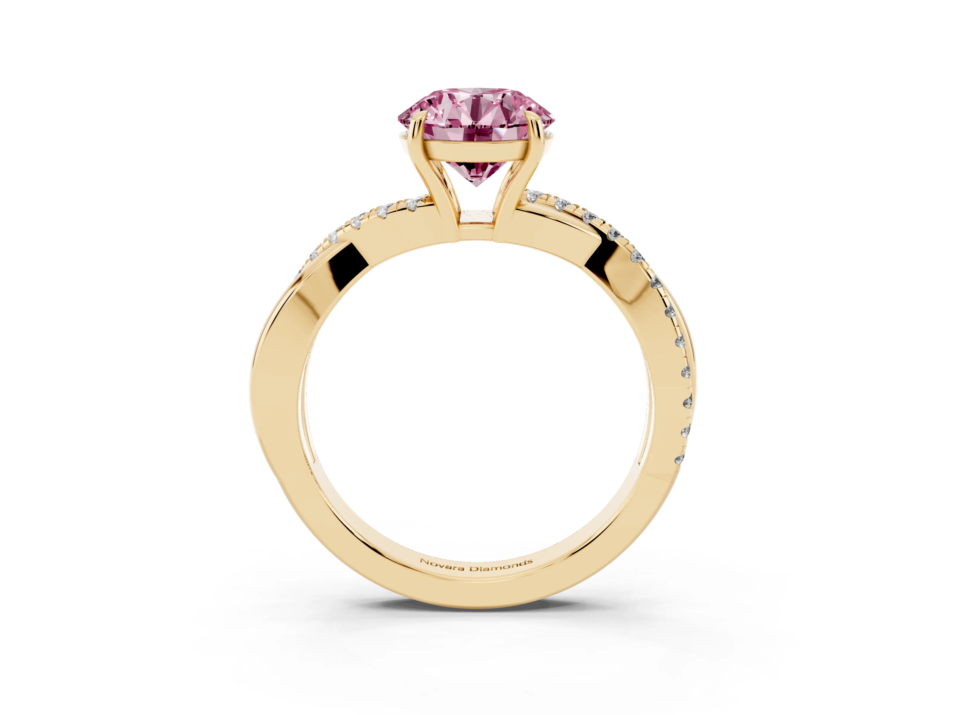 Fancy Pink Round Cut Diamond Twisted Pavé Band Ring Set in Yellow gold with Prong Setting
