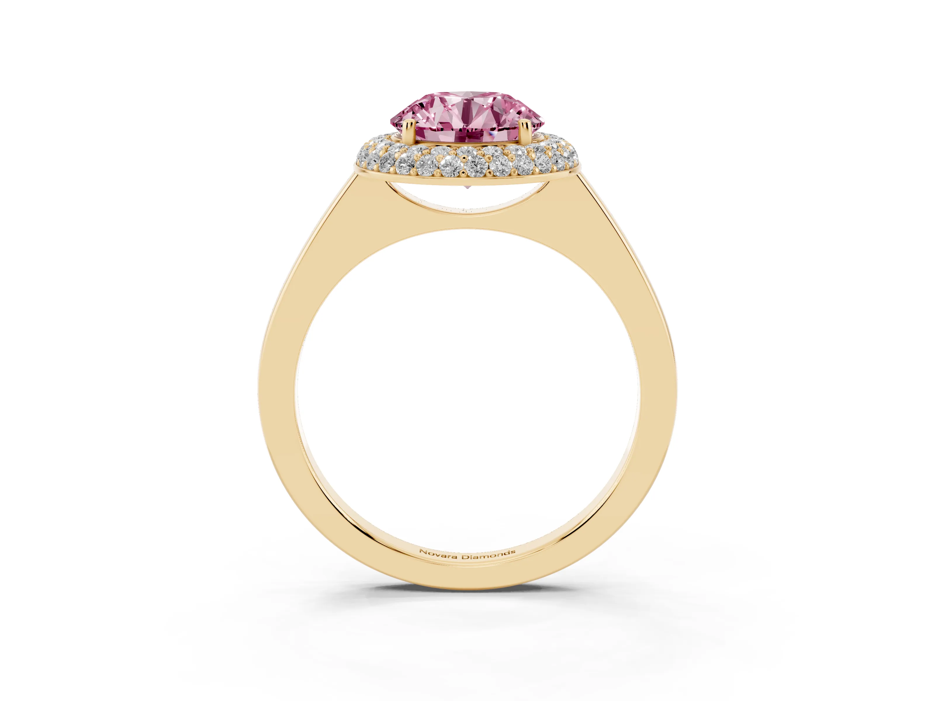 Fancy Pink Round Cut Diamond Halo Engagement Ring Set in Yellow gold with Solitaire Band and Prong Setting