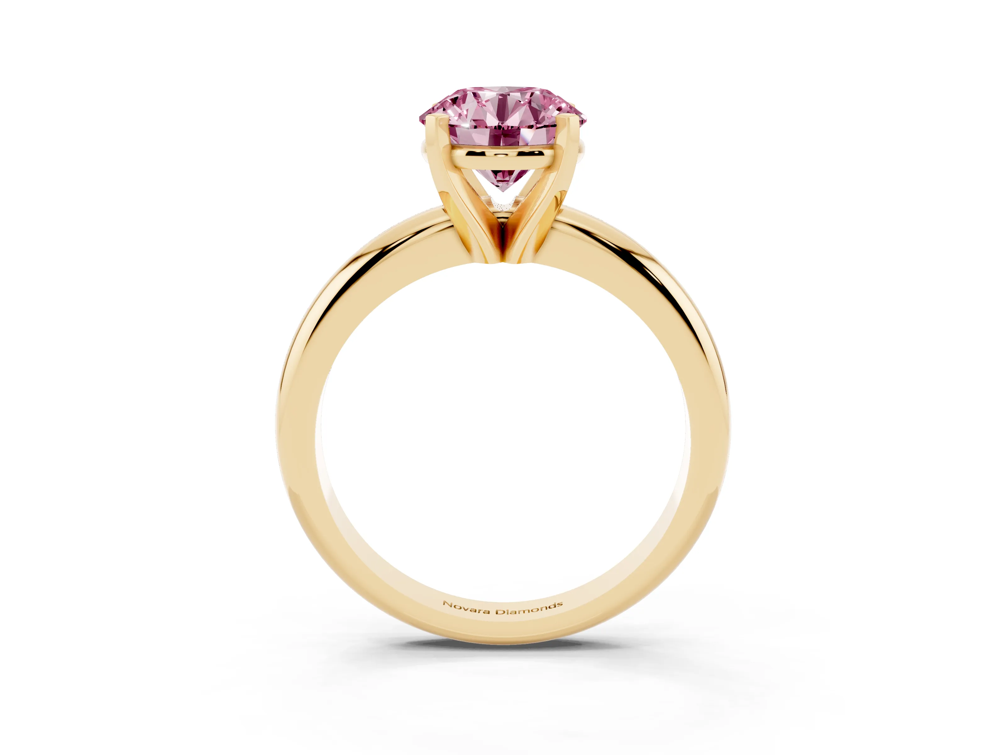 Fancy Pink Round Cut Diamond Solitaire Engagement Ring Set in Yellow gold with Round Band and Prong Setting