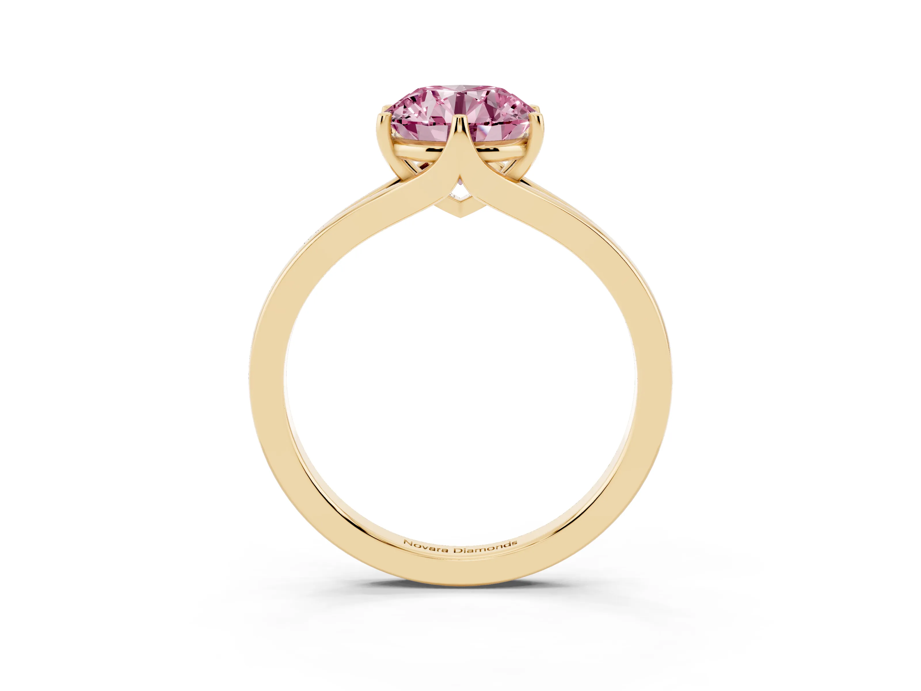 Fancy Pink Round Cut Diamond Solitaire Ring Set in Yellow gold with Polished Tapered Band and Prong Setting