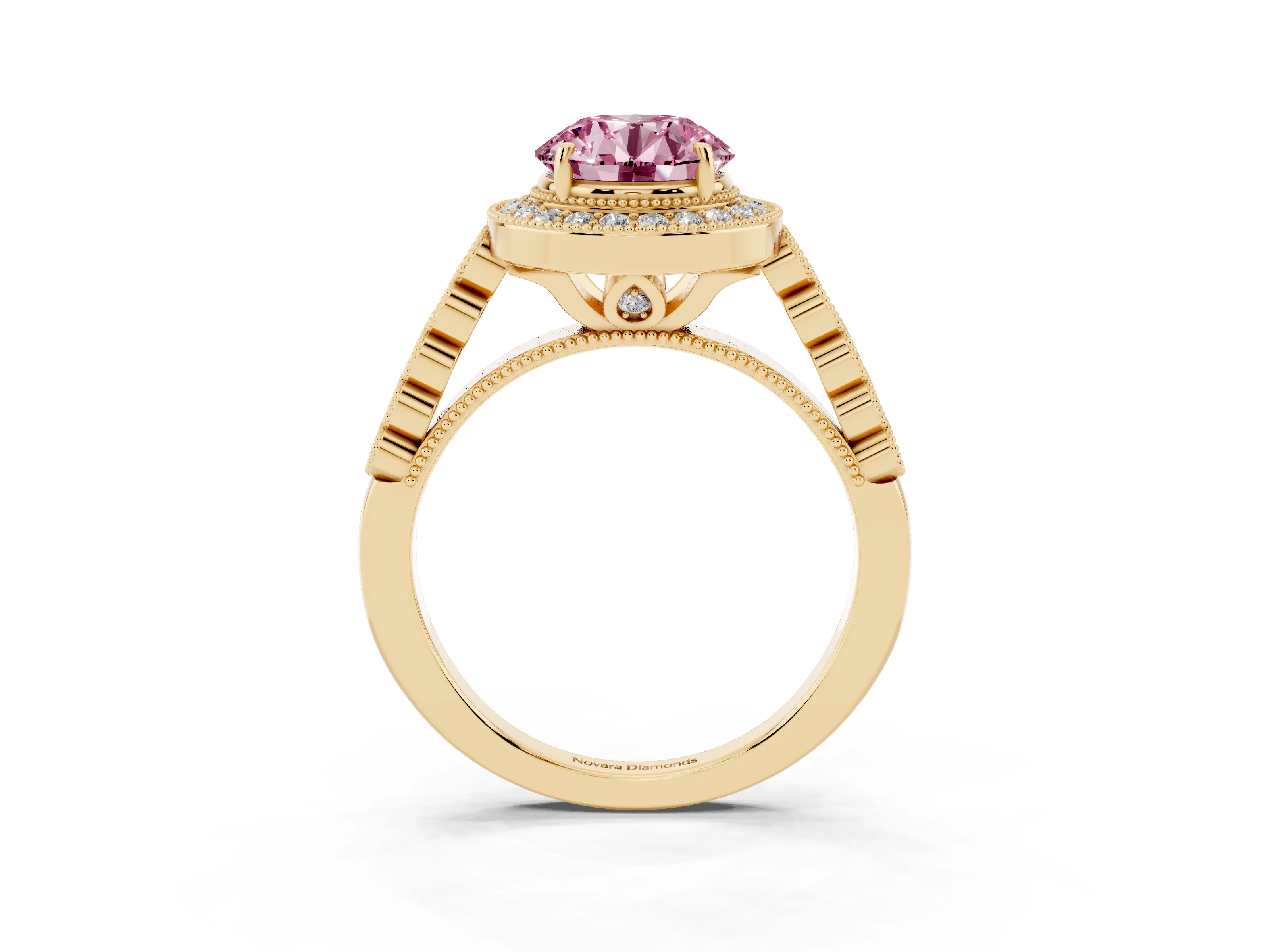 Fancy Pink Round Cut Diamond Milgrain Halo Solitaire Ring Set in Yellow gold with Bezel Set Side Stones and Pavé Band