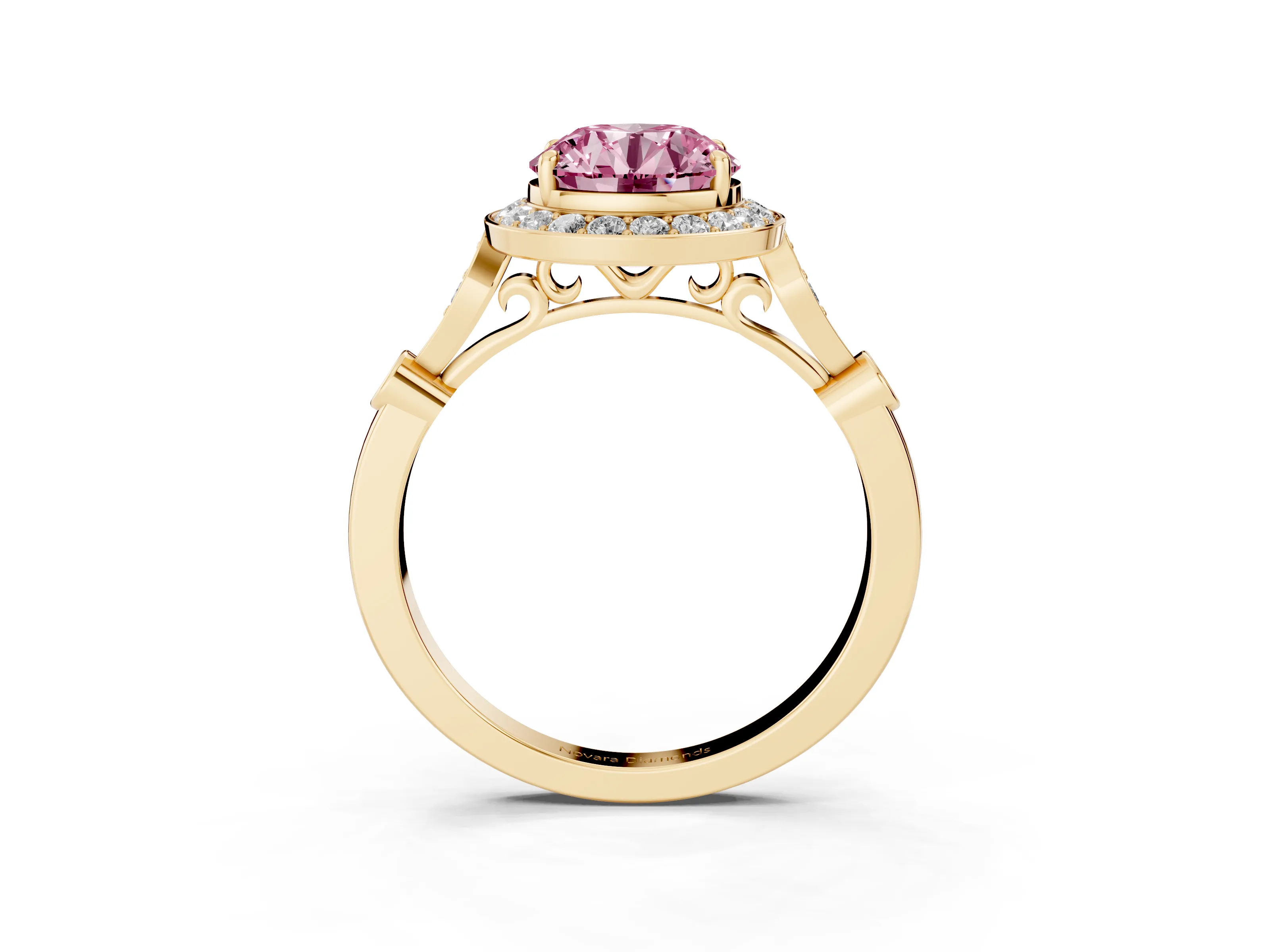 Fancy Pink Round Cut Diamond Halo Engagement Ring Set in Yellow gold with Twisted Band and Prong Setting