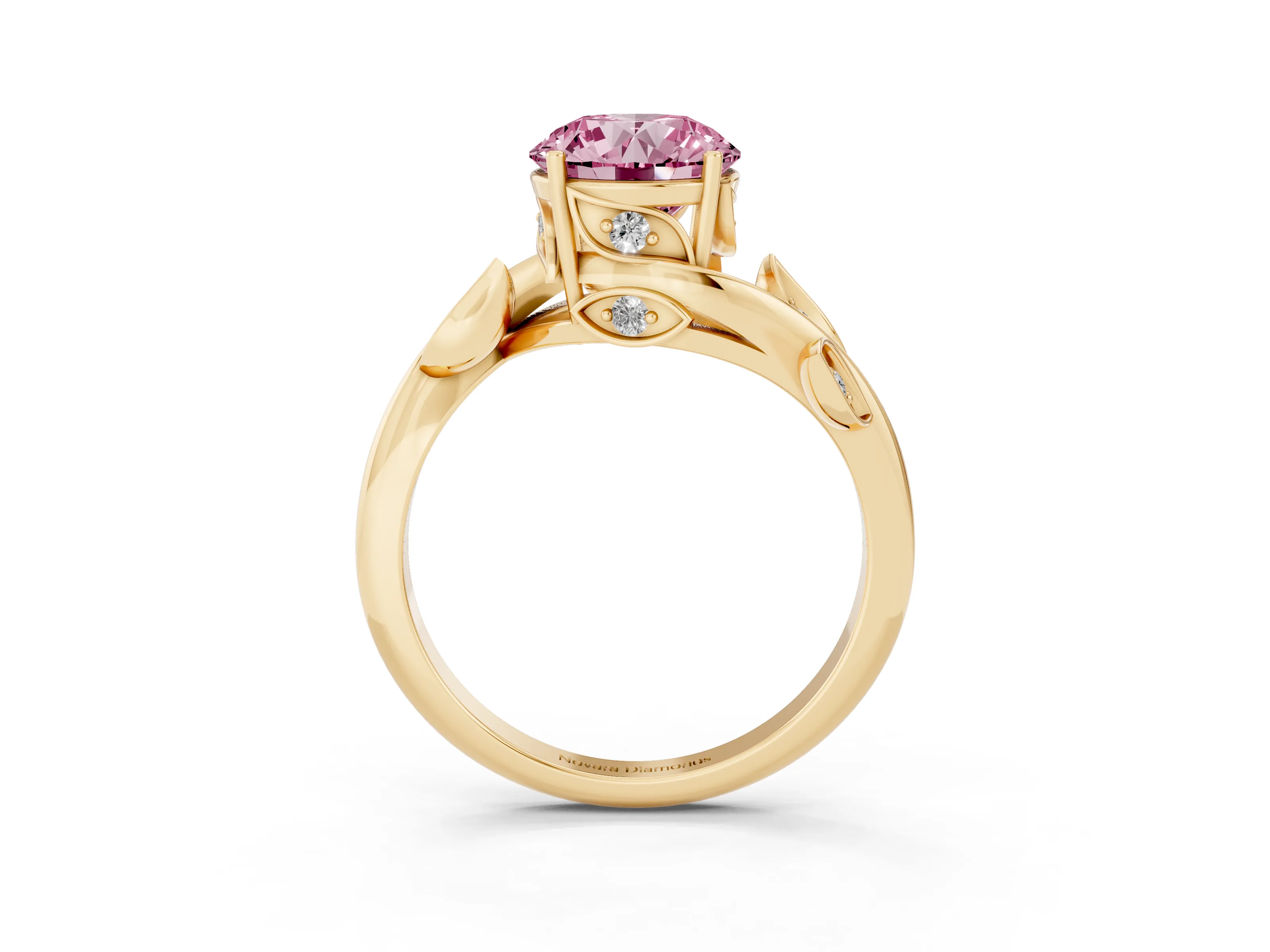 Fancy Pink Round Cut Diamond Solitaire Twist Engagement Ring Set in Yellow gold with Pavé Leaf Accents