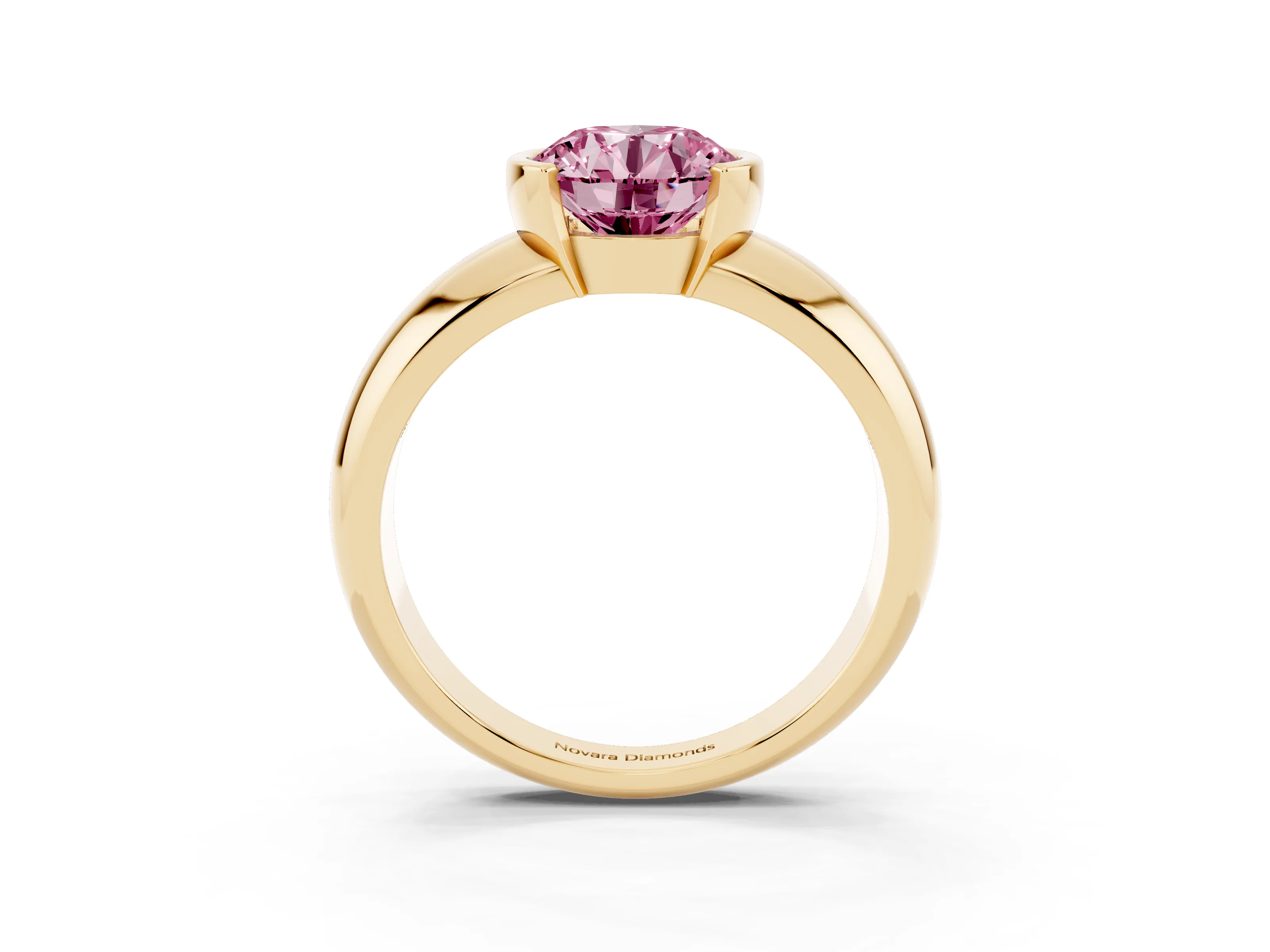 Fancy Pink Round Cut Diamond Solitaire Tension Set Ring Set in Yellow gold with Wide Band