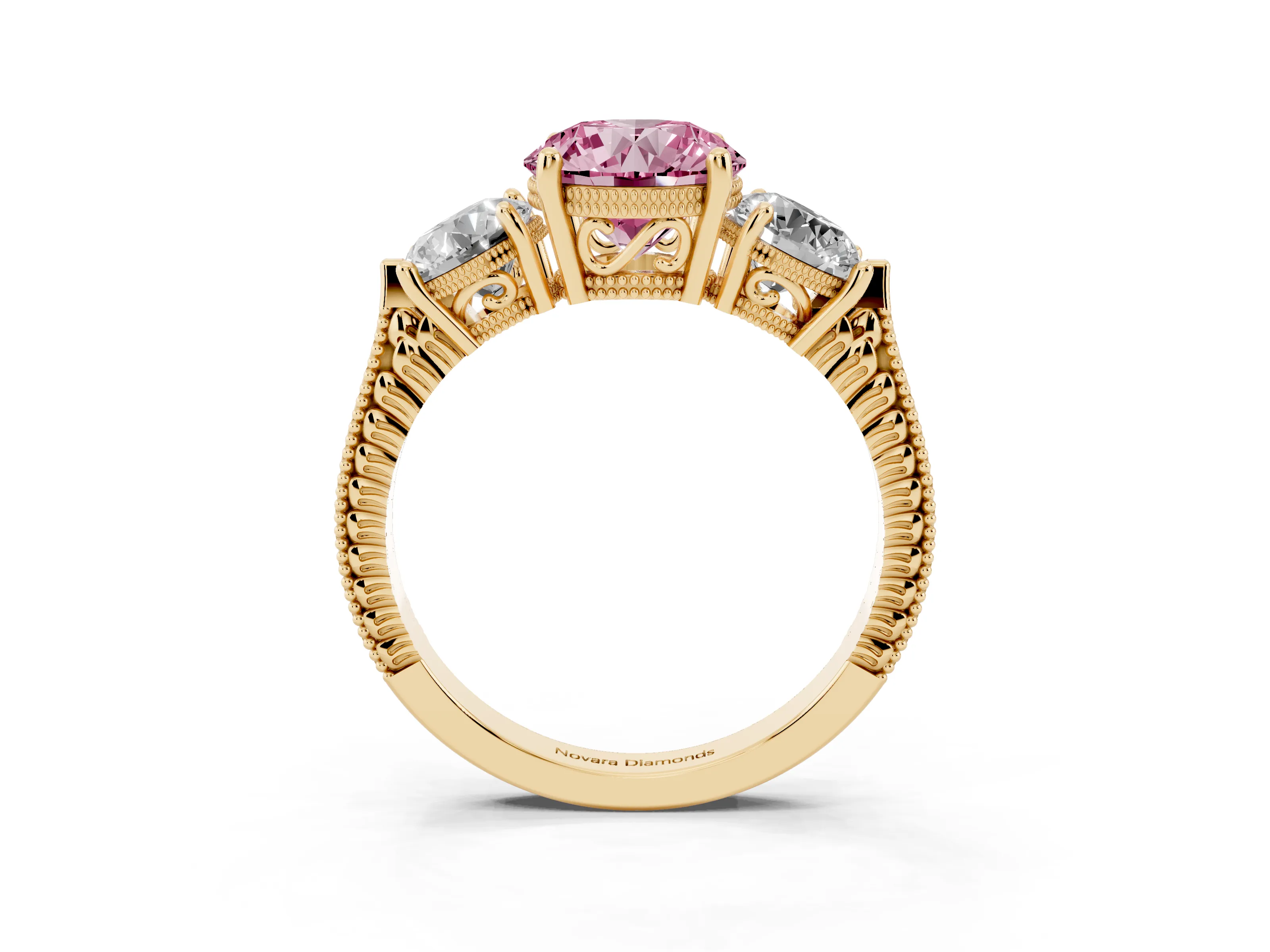 Fancy Pink Round Cut Diamond Three-Stone Ring Set in Yellow gold with Milgrain Band