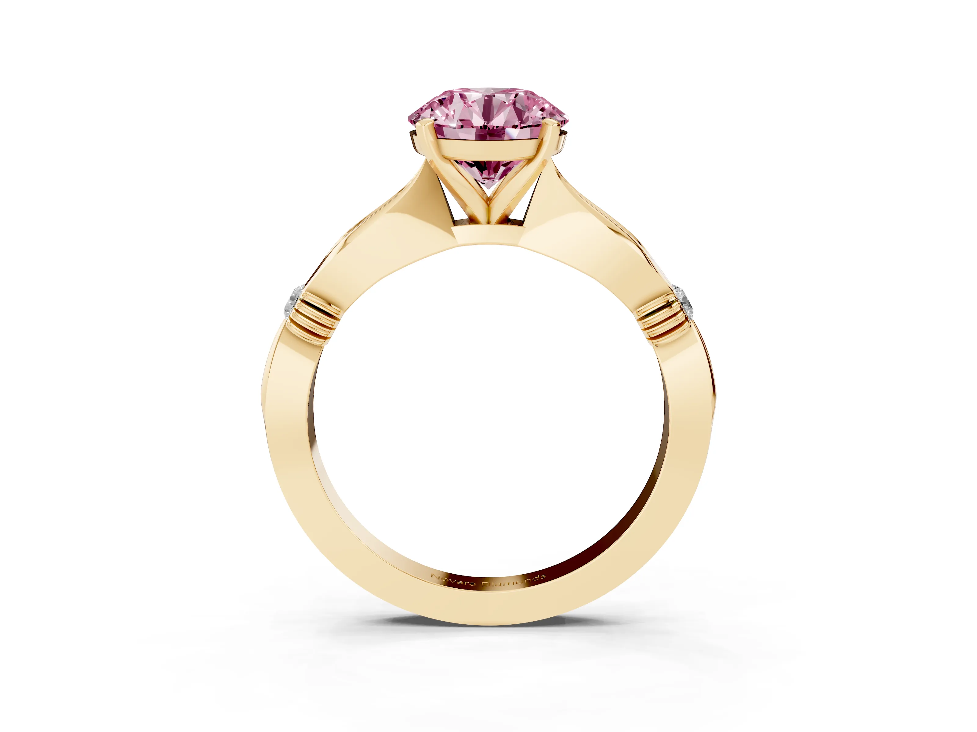 Fancy Pink Round Cut Diamond Solitaire Twisted Band Ring Set in Yellow gold with Accent Stones and Prong Setting