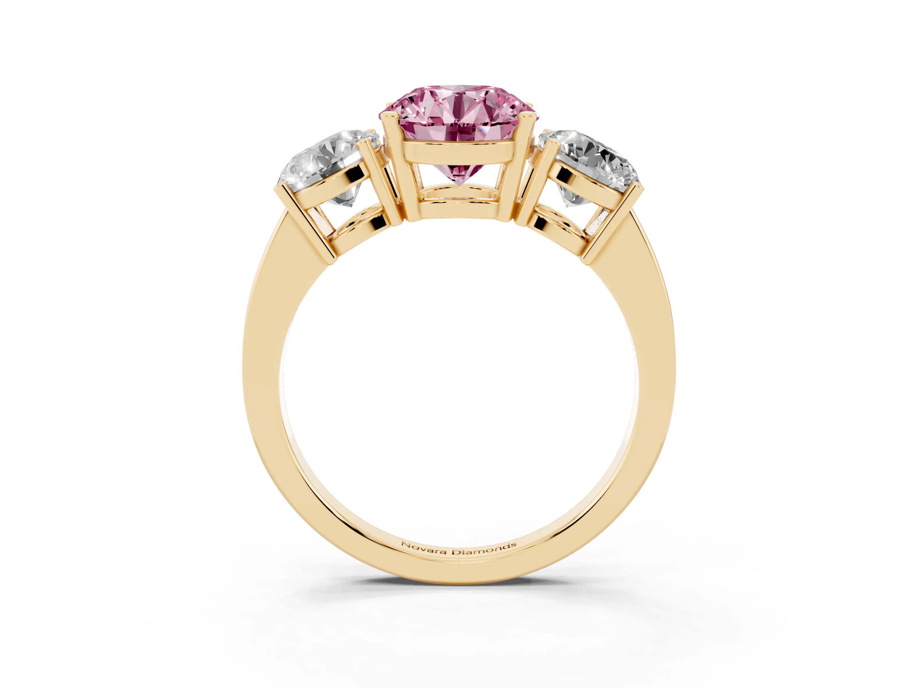 Fancy Pink Round Cut Diamond Three-Stone Engagement Ring Set in Yellow gold with Flat Band