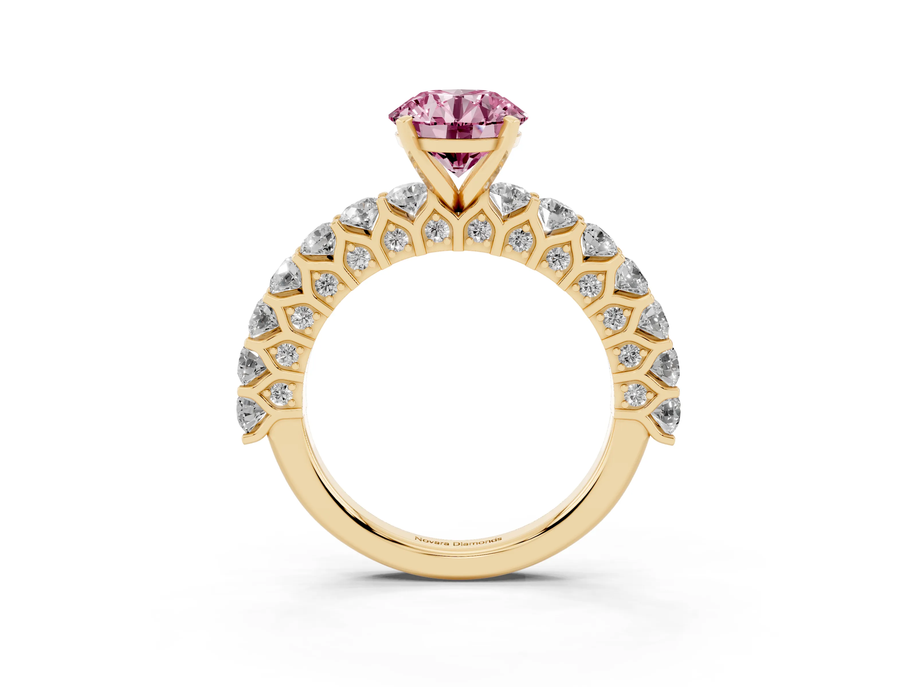 Fancy Pink Round Cut Diamond Solitaire Ring Set in Yellow gold with Shared Prong Pavé Band