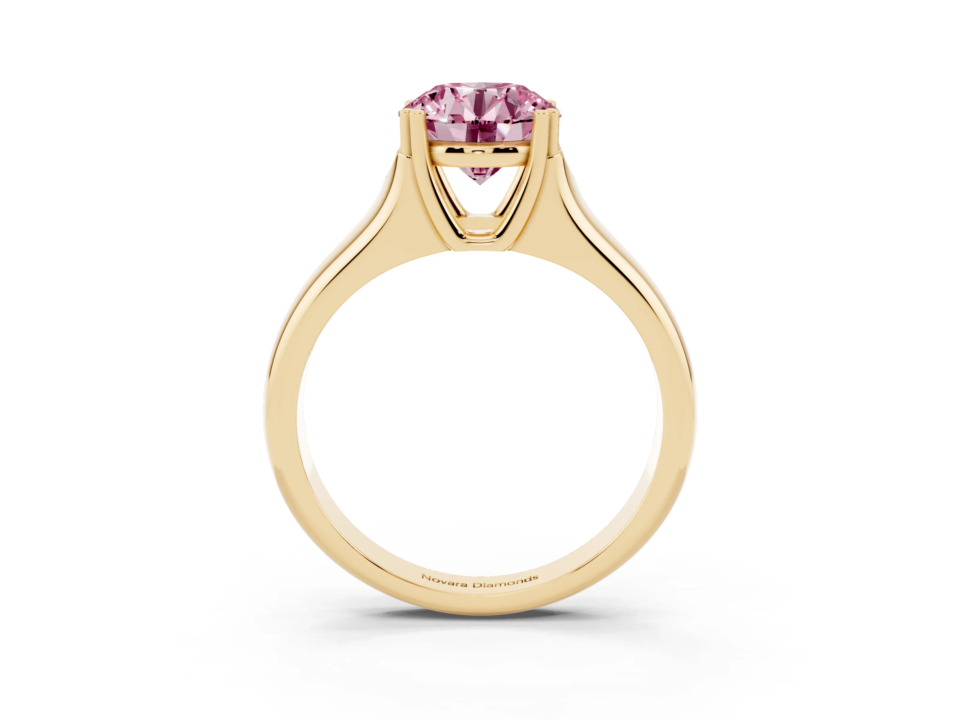 Fancy Pink Round Cut Diamond Solitaire Ring Set in Yellow gold with Wide Band and Prong Setting