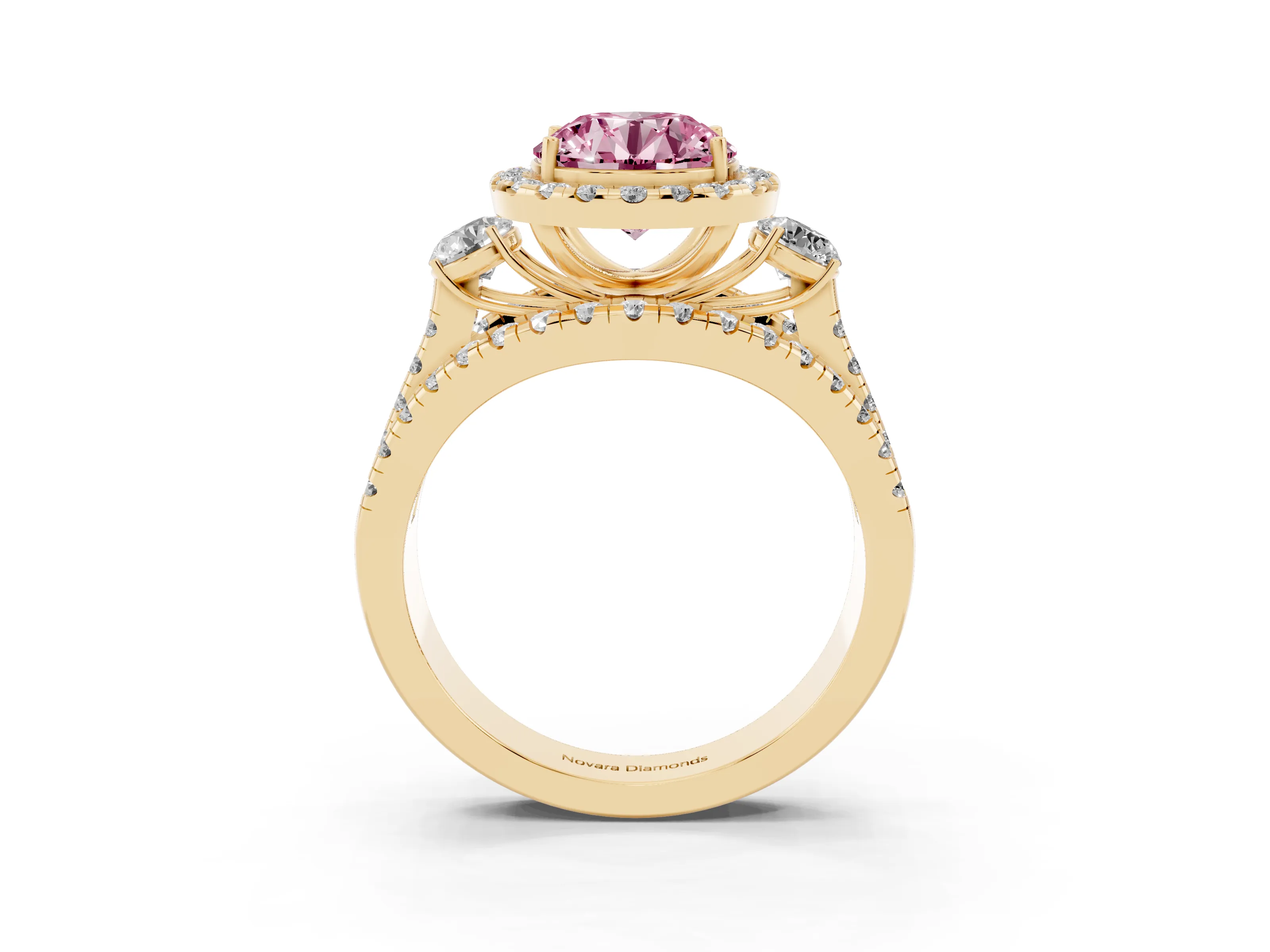 Fancy Pink Round Cut Diamond Halo Split Shank Ring Set in Yellow gold with Round Accent Stones and Prong Setting