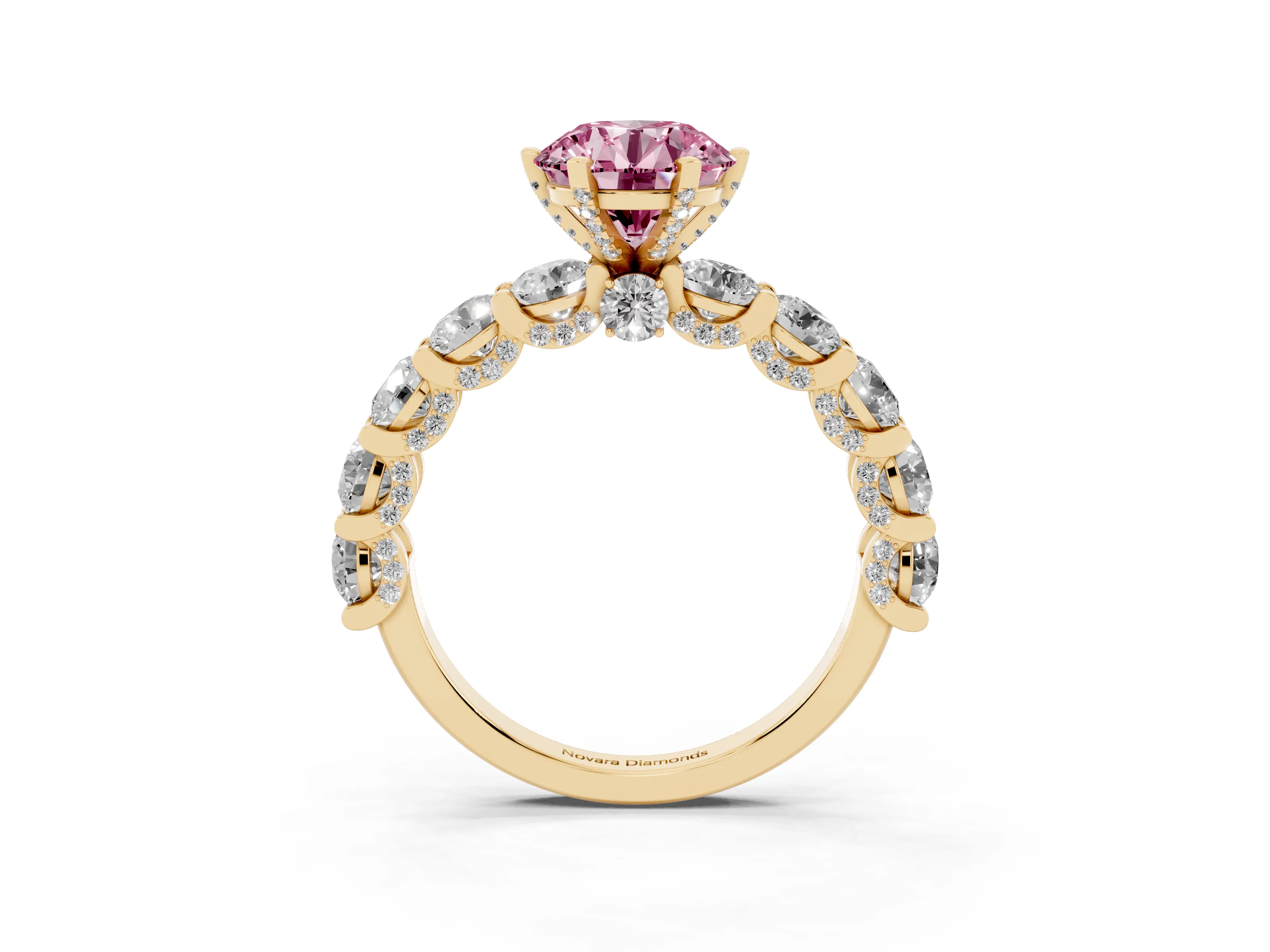 Fancy Pink Round Cut Diamond Side Stone Ring Set in Yellow gold with Alternating Round and Oval Side Stones