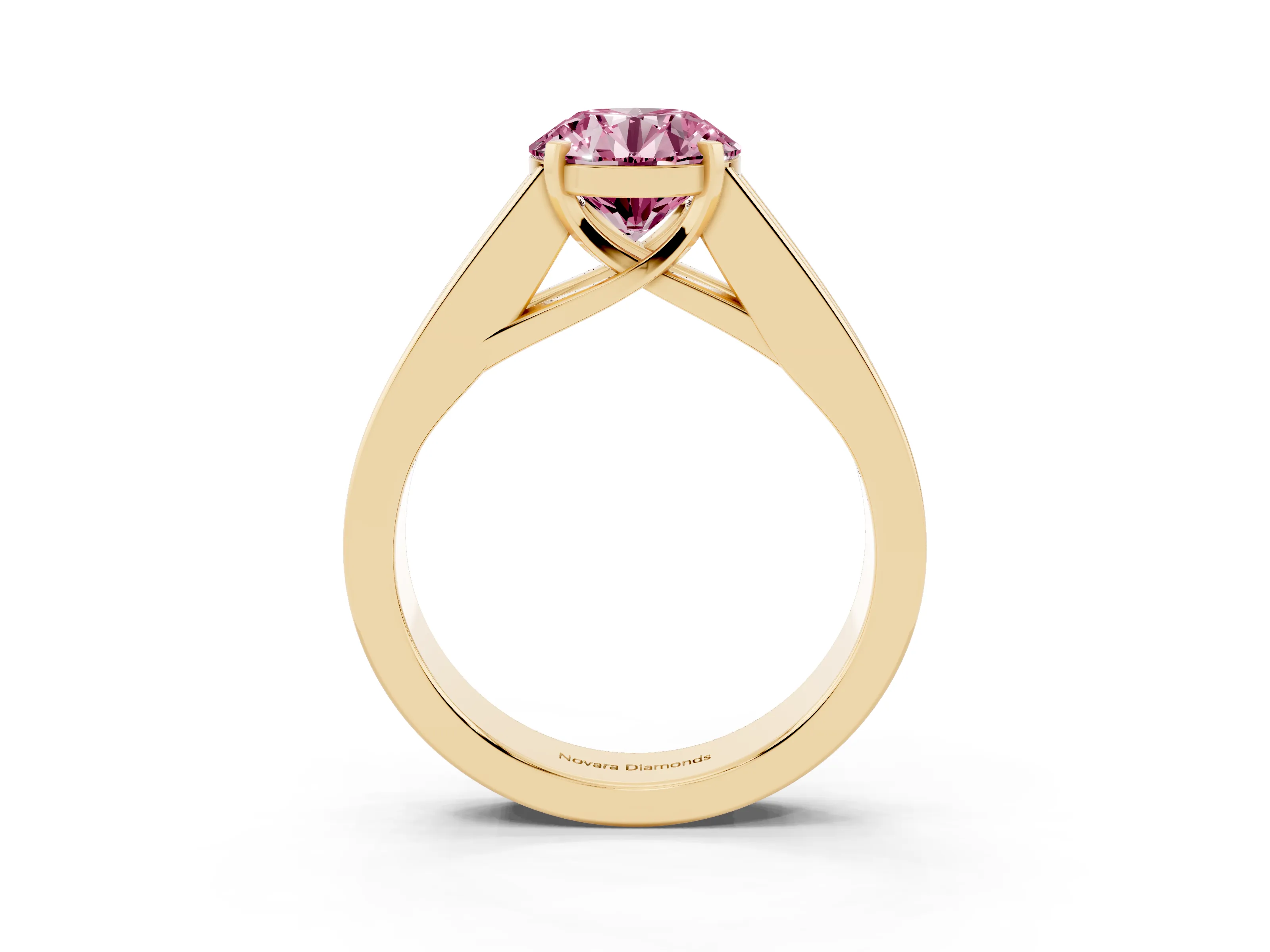Fancy Pink Round Cut Diamond Solitaire Ring Set in Yellow gold with Channel-Set Accent Stones and Prong Setting