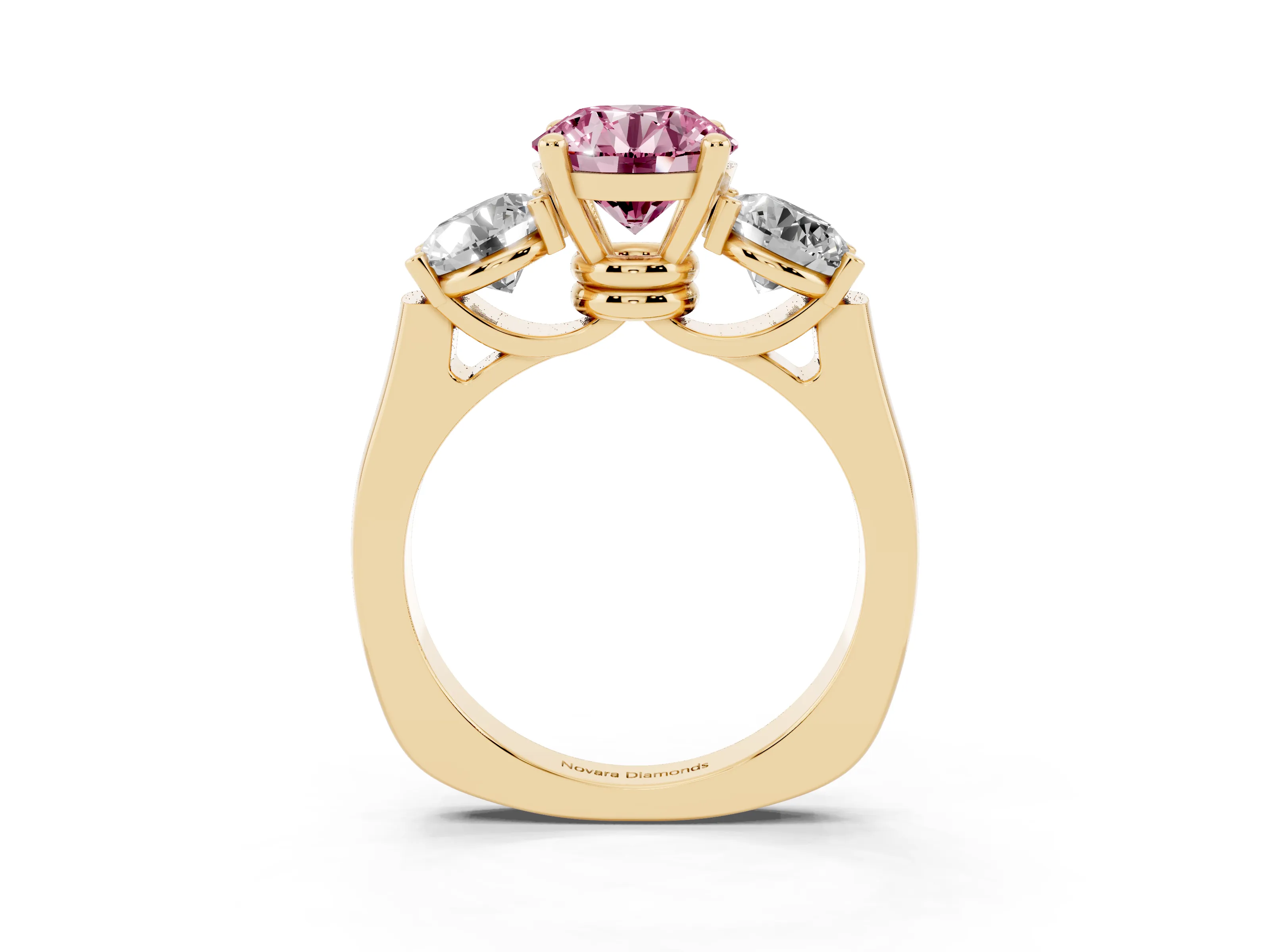 Fancy Pink Round Cut Diamond Three-Stone Trellis Ring Set in Yellow gold with Comfort Fit Band