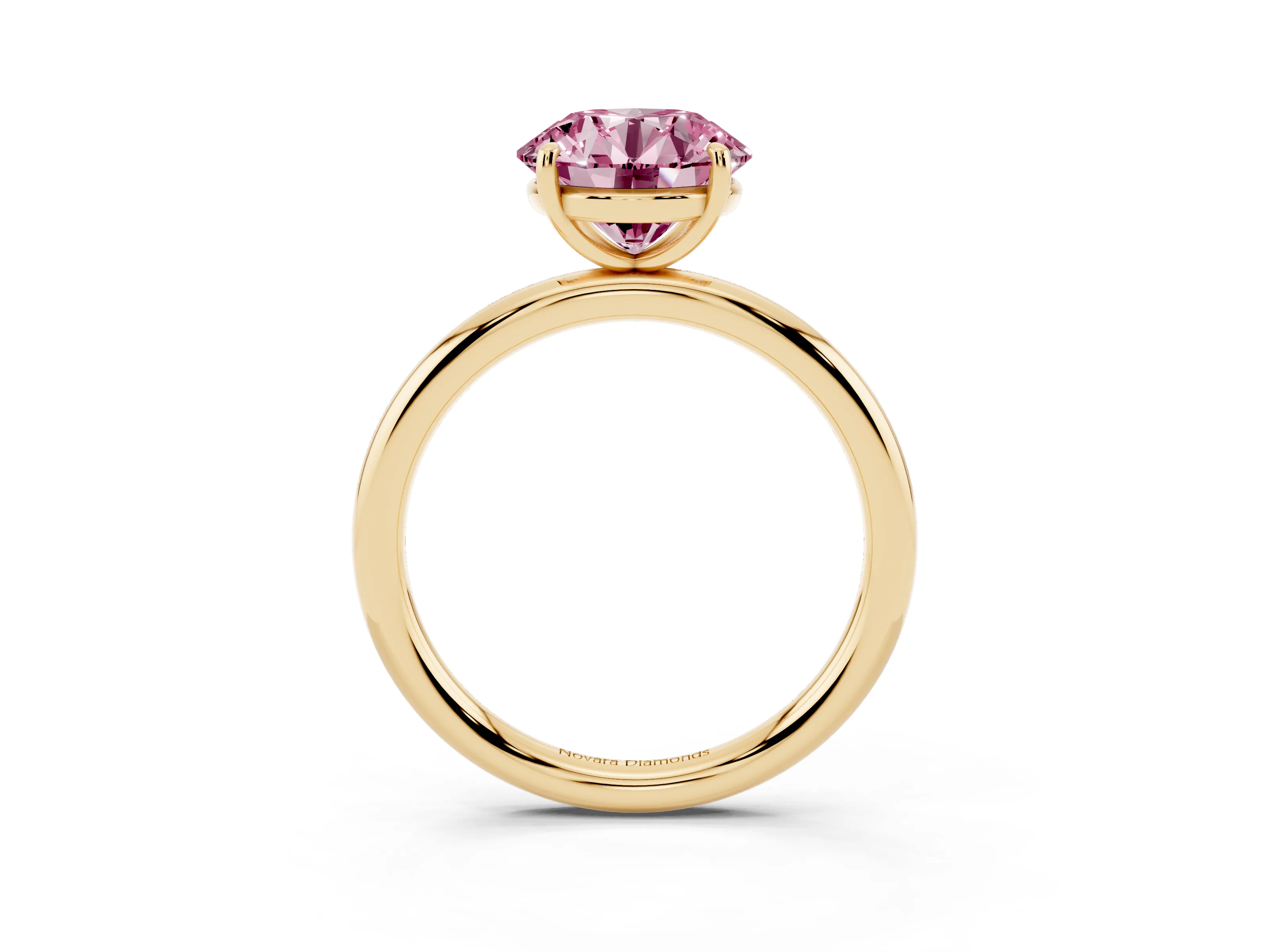 Fancy Pink Round Cut Diamond Solitaire Ring Set in Yellow gold with Prong Setting on a Polished Plain Band