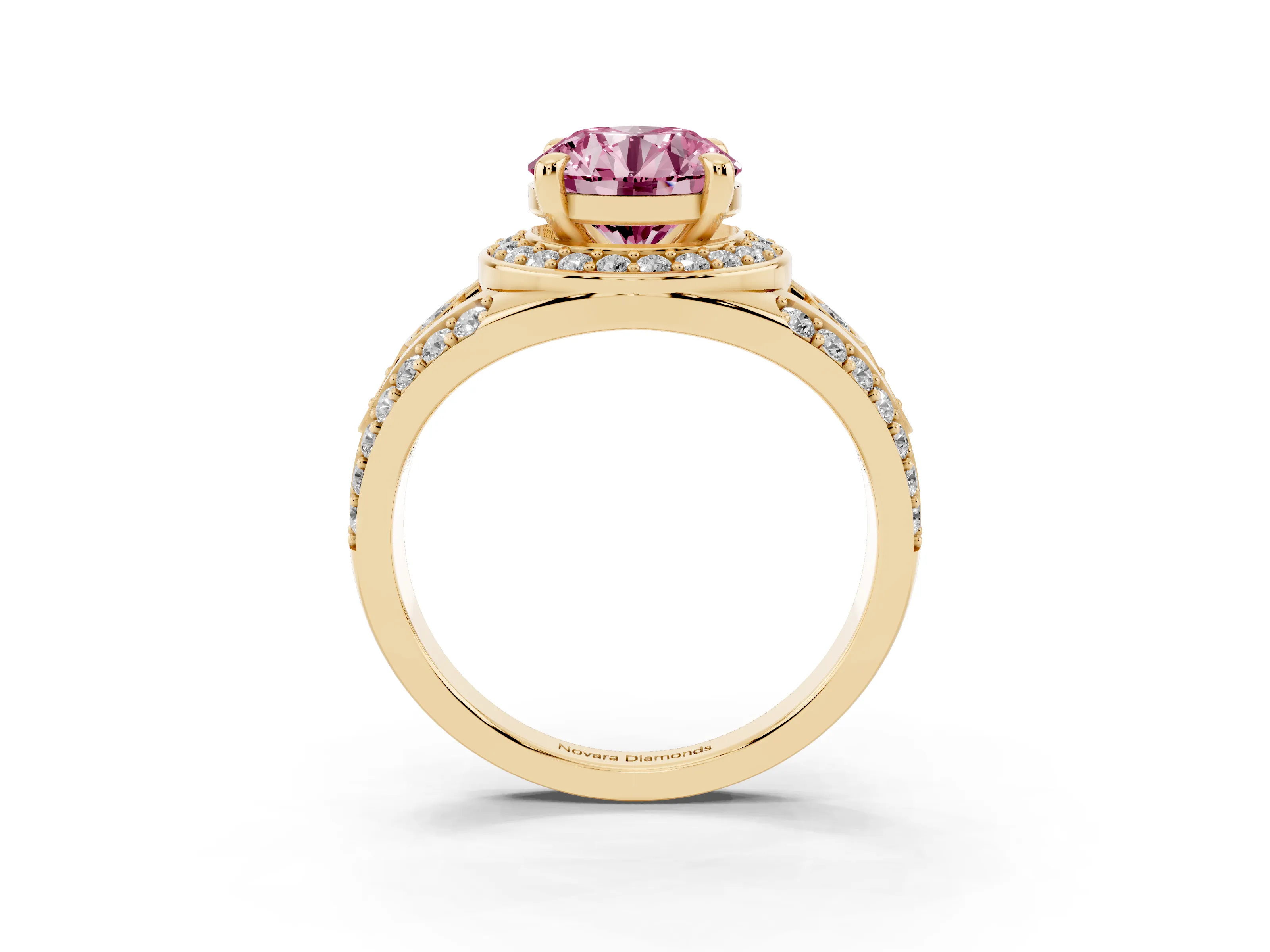 Fancy Pink Round Cut Diamond Halo Ring Set in Yellow gold with Pavé Split Shank and Bezel Accents