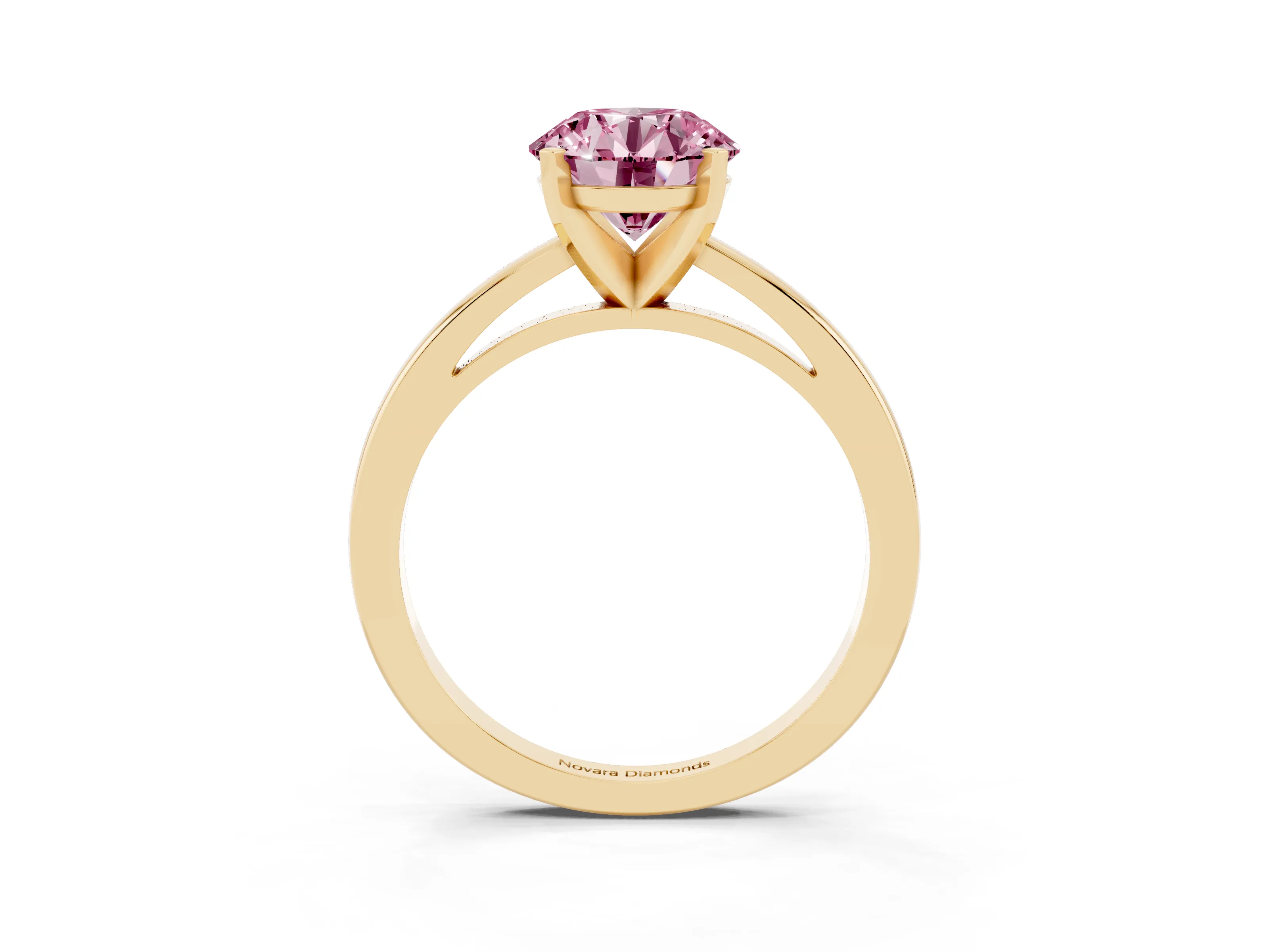 Fancy Pink Round Cut Diamond Solitaire Engagement Ring Set in Yellow gold with Prong Setting on a Classic Band