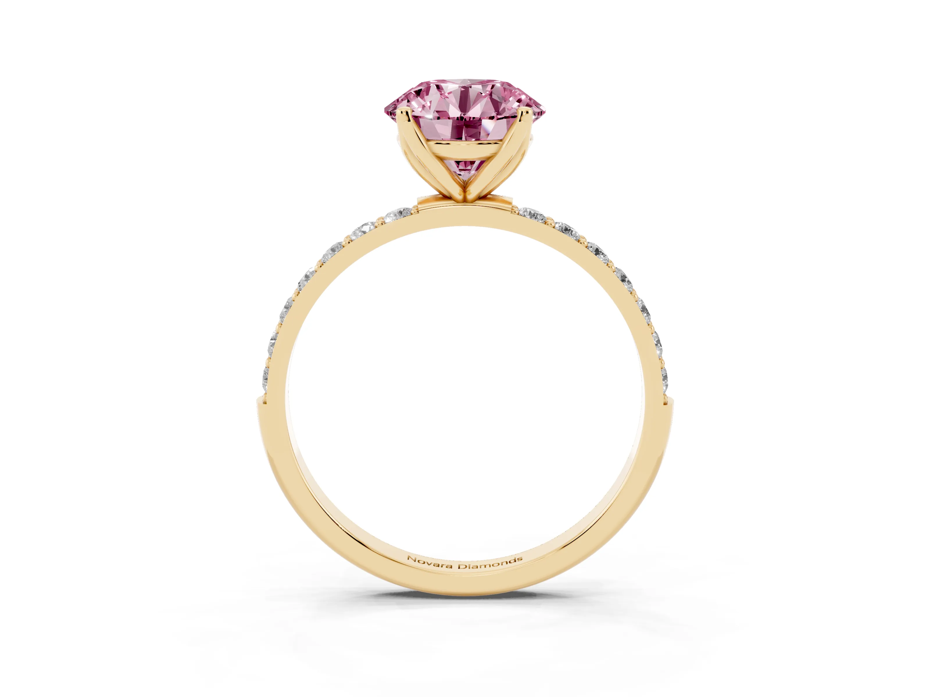 Fancy Pink Round Cut Diamond Solitaire Engagement Ring Set in Yellow gold with Round Pavé Band and Prong Setting